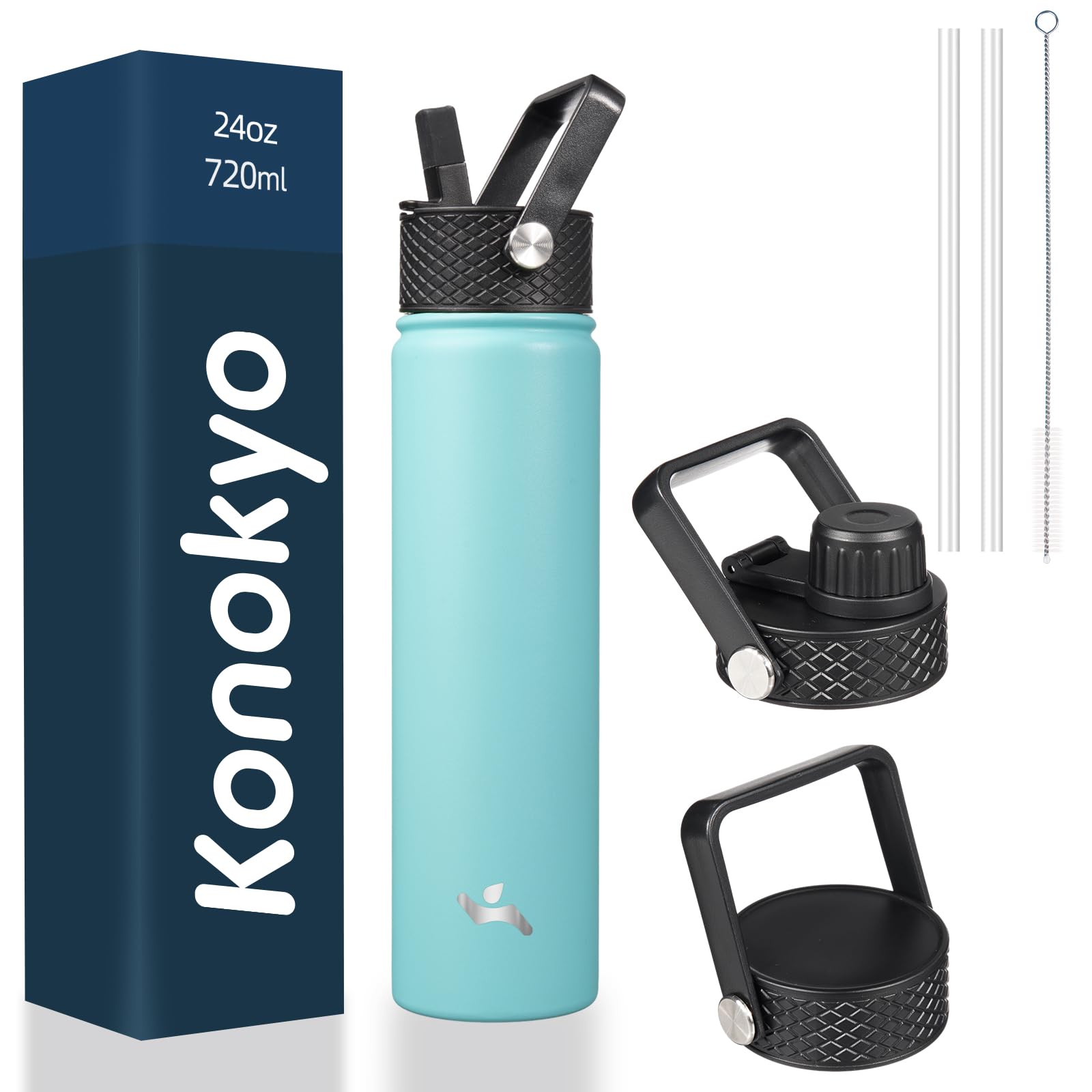 Konokyo Konokyo 24oz Insulated Stainless Steel Water Bottle with 3 Lids in Turquoise for Sports and Outdoor Activities