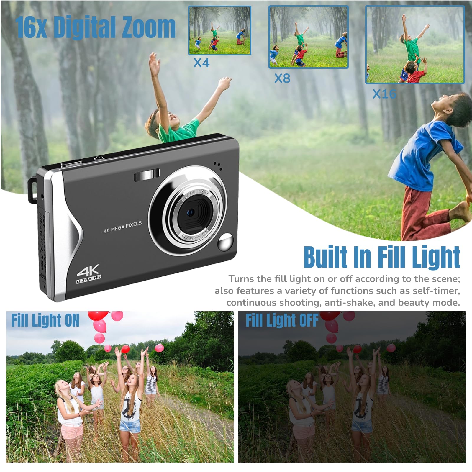 Yoidesu 48MP Digital Camera with 3.0in LCD 4K Video 16X Zoom Anti Shake Compact Point and Shoot for Teens and Beginners Black - View 7 of 9