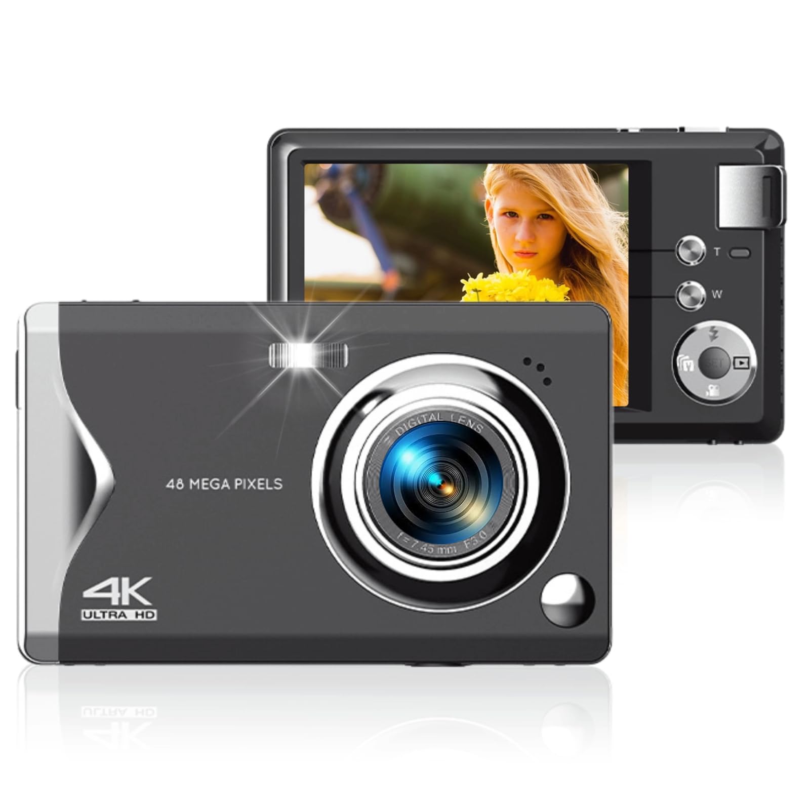 48MP Digital Camera with 3.0in LCD 4K Video 16X Zoom Anti Shake Compact Point and Shoot for Teens and Beginners Black