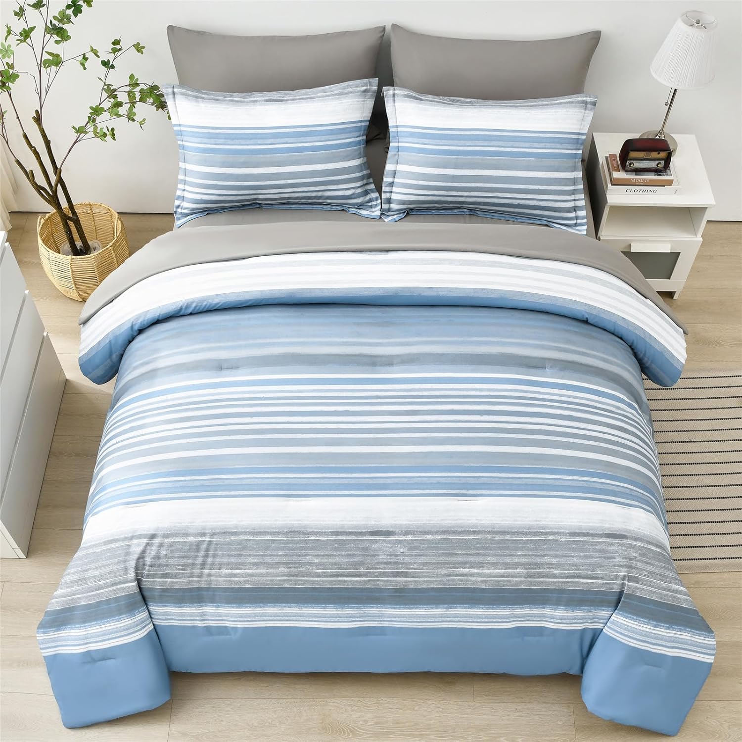 KAKIJUMN KAKIJUMN Full Size 7 Piece Bed in a Bag Stripe Comforter Set Soft Microfiber Bedding Light Blue Grey White All Season - View 3 of 9