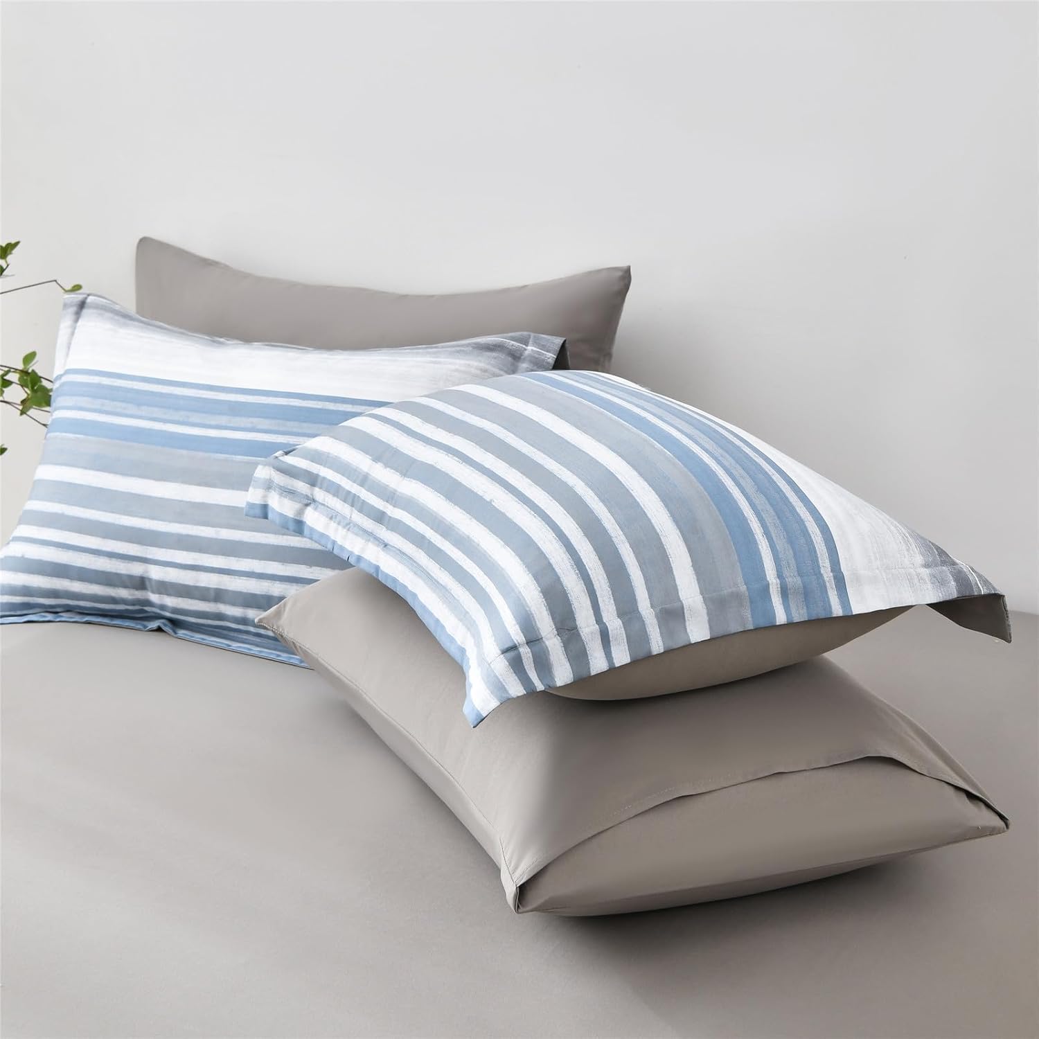 KAKIJUMN KAKIJUMN Full Size 7 Piece Bed in a Bag Stripe Comforter Set Soft Microfiber Bedding Light Blue Grey White All Season - View 7 of 9