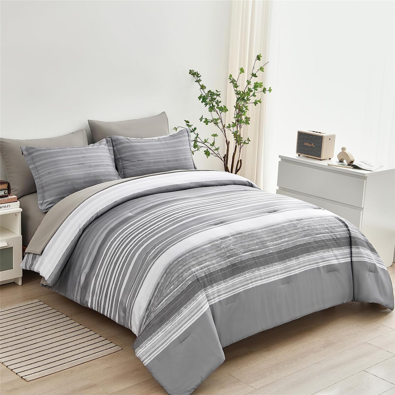 KAKIJUMN KAKIJUMN Full Size 7 Piece Bed in a Bag Stripe Comforter Set Soft Microfiber Bedding Light Blue Grey White All Season - View 8 of 9