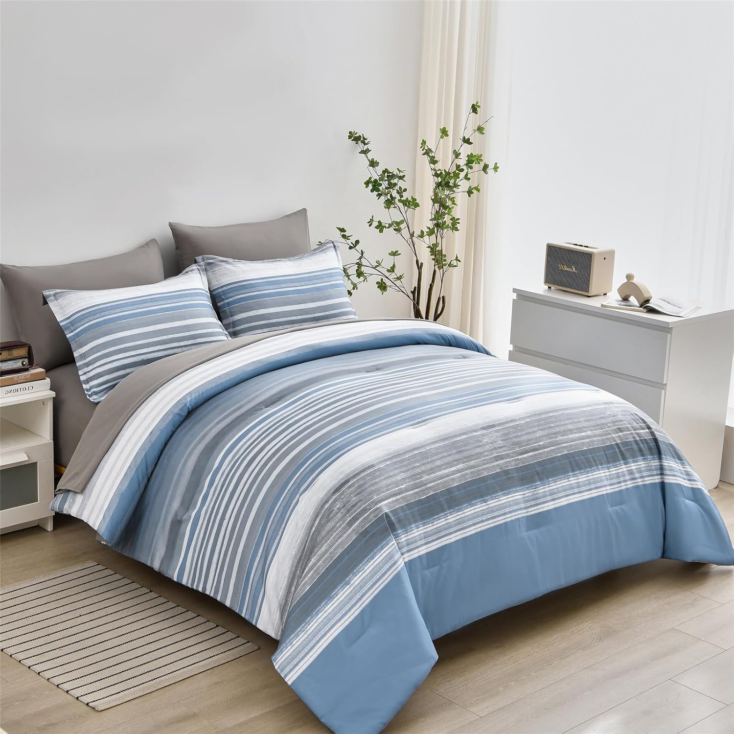 KAKIJUMN KAKIJUMN Full Size 7 Piece Bed in a Bag Stripe Comforter Set Soft Microfiber Bedding Light Blue Grey White All Season