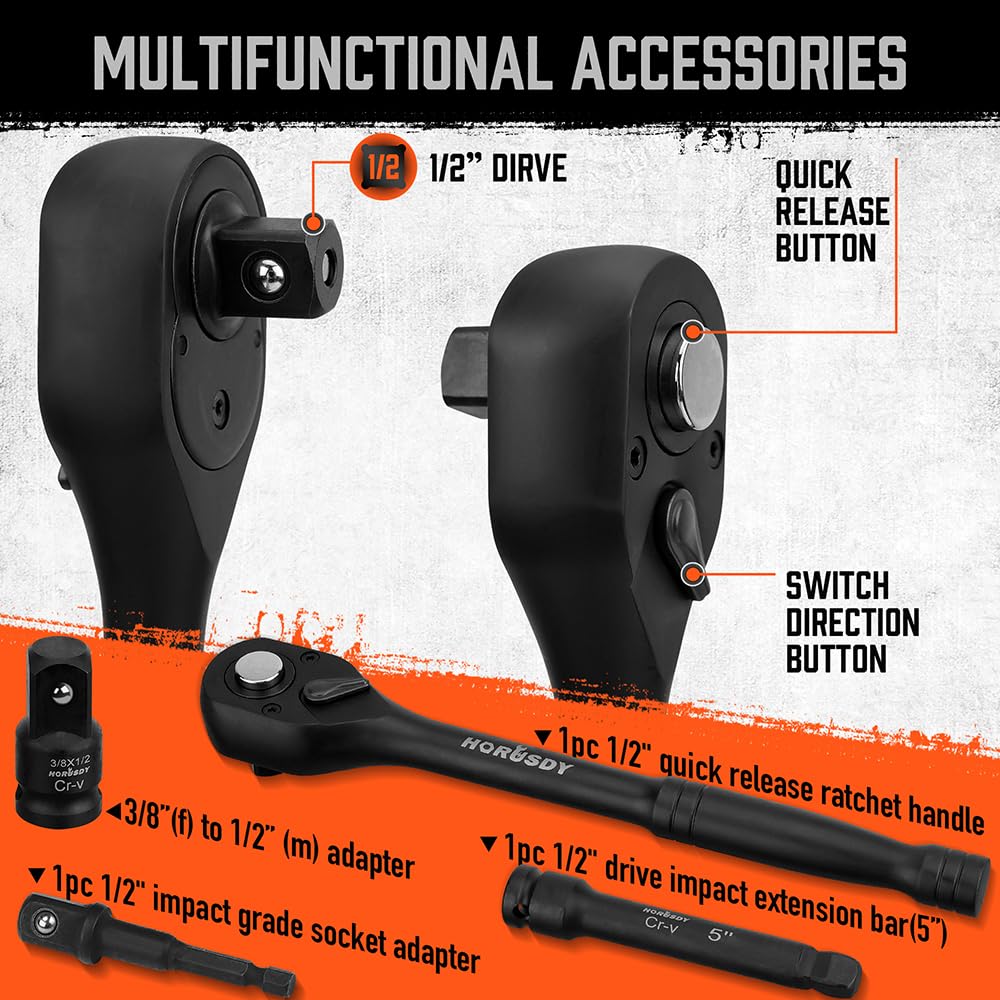 HORUSDY HORUSDY 24-Piece 1/2 Inch Drive Impact Socket Set Shallow Standard SAE and Metric Sizes with Ratchet Handle and Extension Bar - View 4 of 9