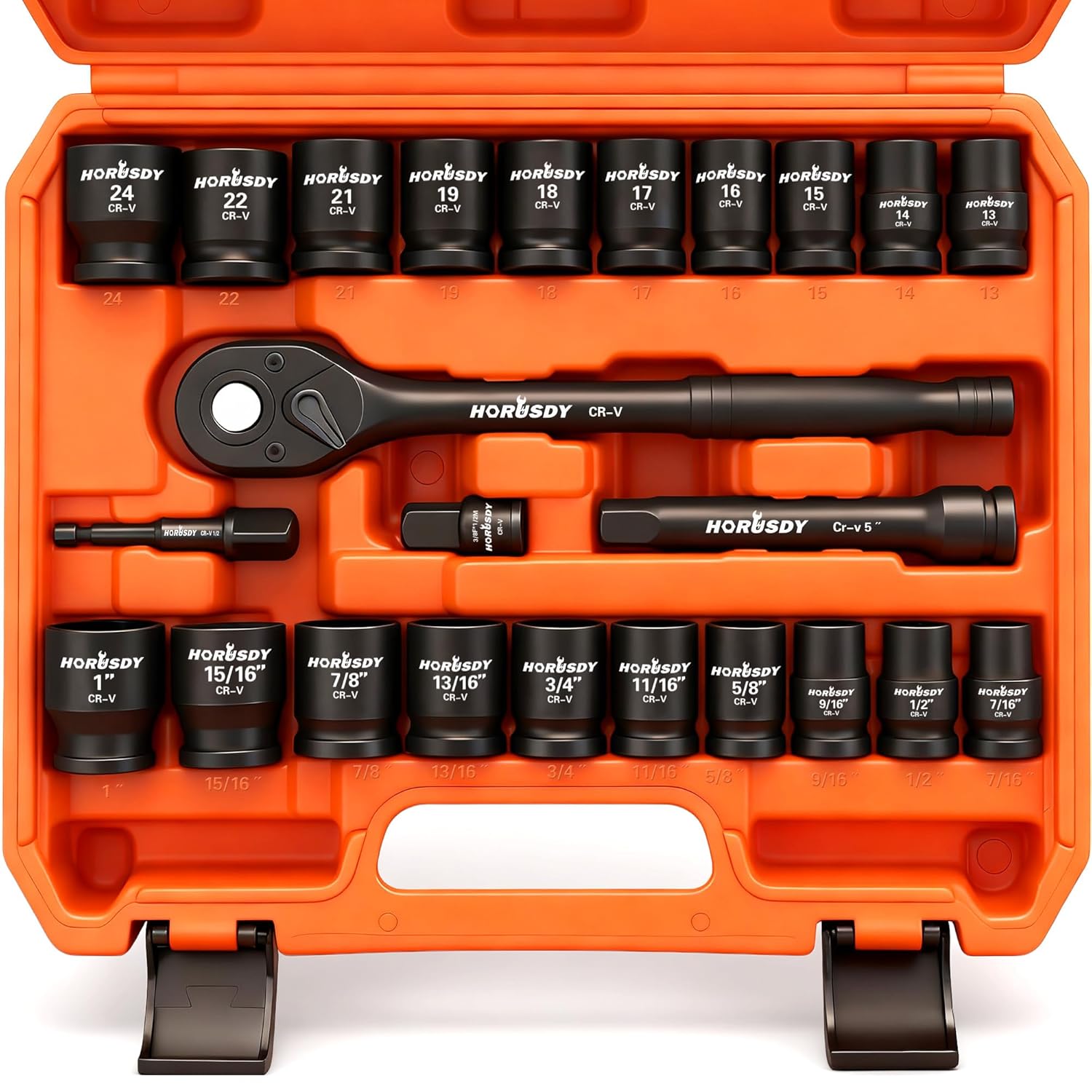 HORUSDY HORUSDY 24-Piece 1/2 Inch Drive Impact Socket Set Shallow Standard SAE and Metric Sizes with Ratchet Handle and Extension Bar