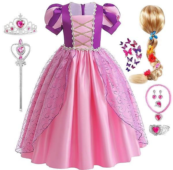G.C G.C Girls Rapunzel Dress Princess Costume Toddler Puff Sleeve Dress with Wig Crown Wand Jewelry for Halloween Birthday Party Supplies