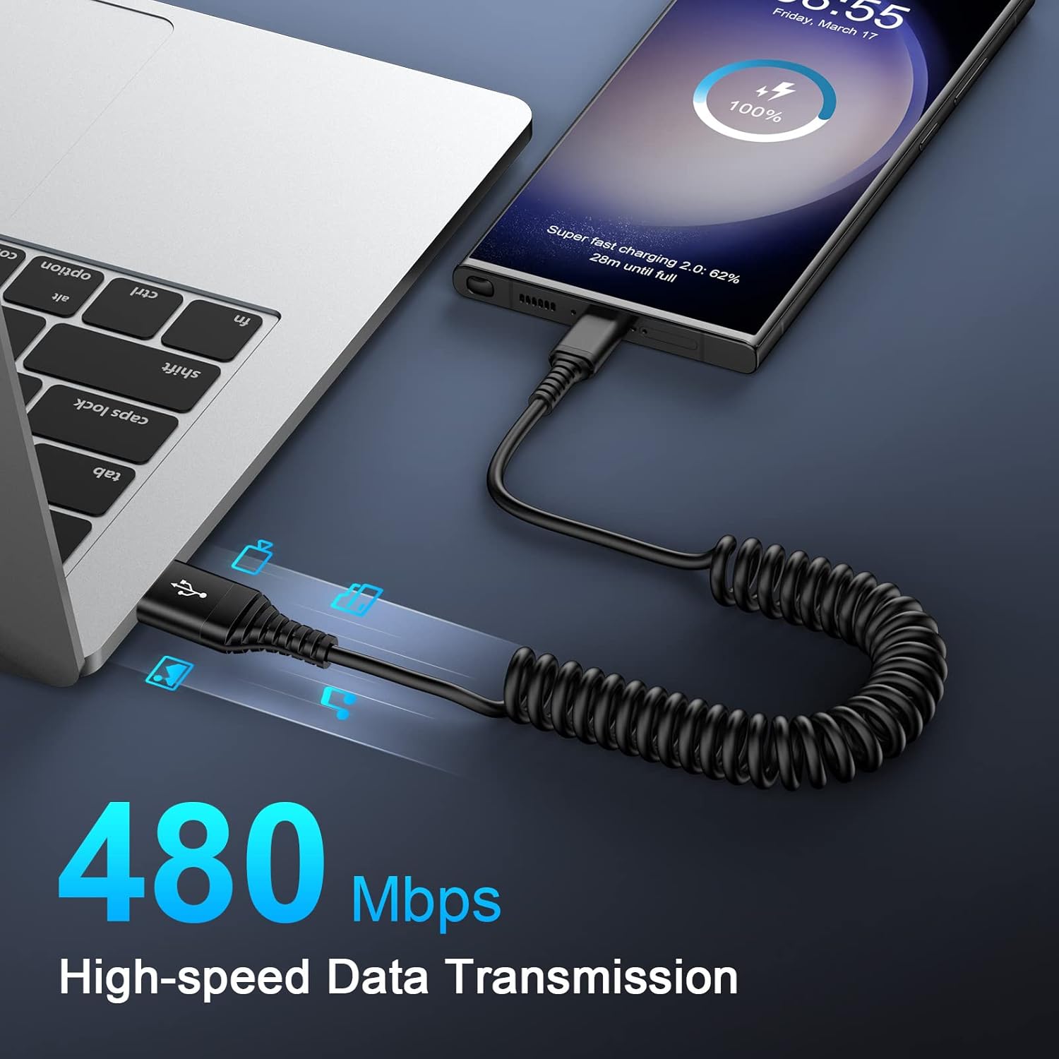 Flecom Fast Charging Android Auto Coiled USB C Charger Cable for Samsung Galaxy S24FE S23FE A23 A16 A54 A15 A14 S24 S23 Ultra A13 A53 - View 3 of 7