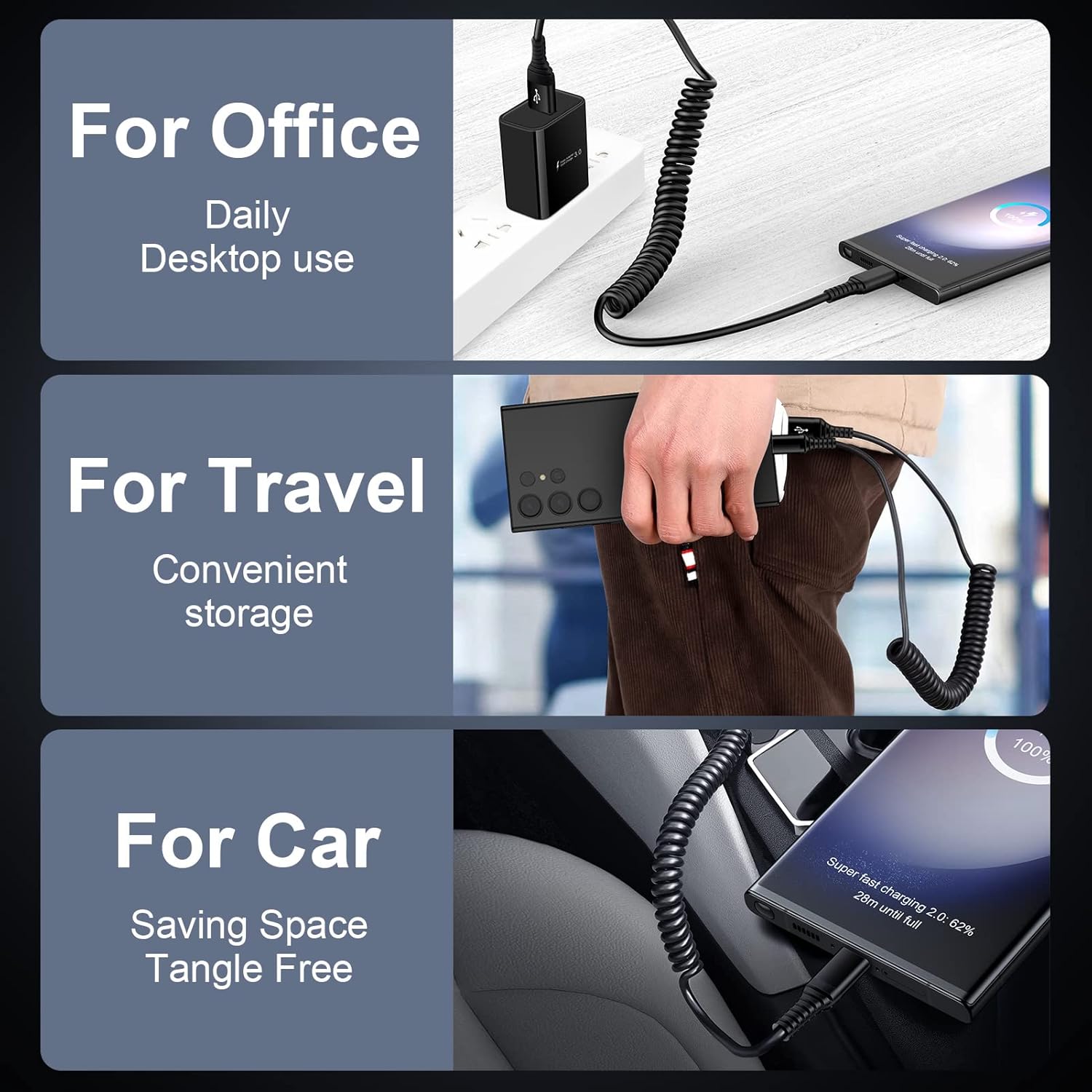 Flecom Fast Charging Android Auto Coiled USB C Charger Cable for Samsung Galaxy S24FE S23FE A23 A16 A54 A15 A14 S24 S23 Ultra A13 A53 - View 4 of 7