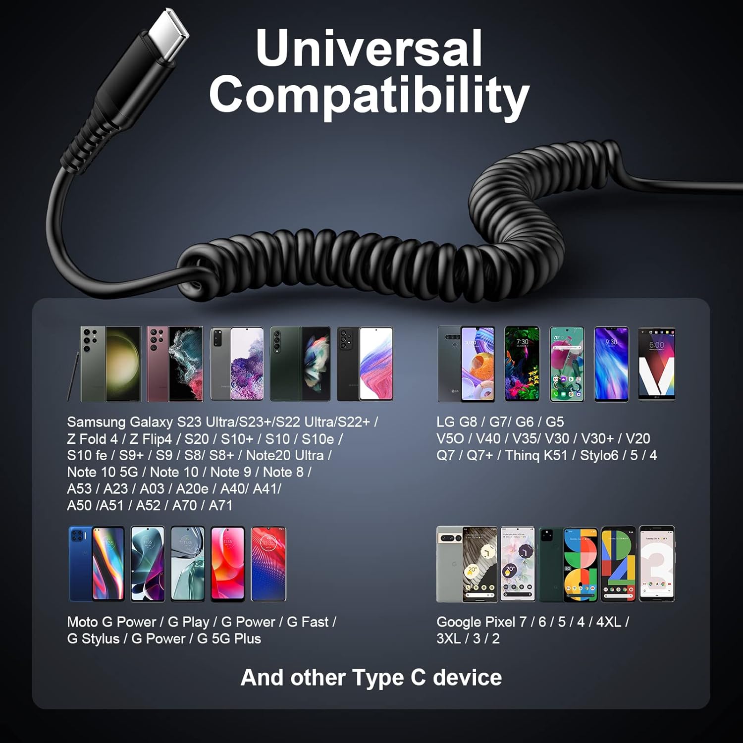 Flecom Fast Charging Android Auto Coiled USB C Charger Cable for Samsung Galaxy S24FE S23FE A23 A16 A54 A15 A14 S24 S23 Ultra A13 A53 - View 7 of 7