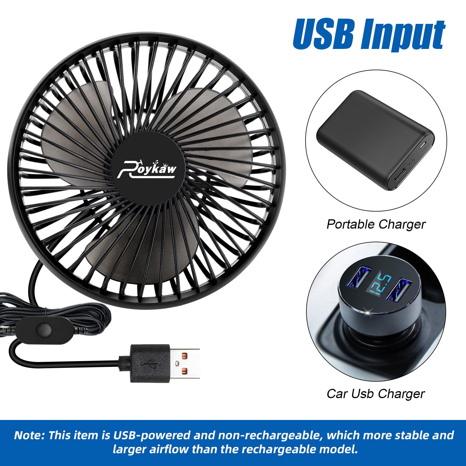 Roykaw Golf Cart Fan Portable USB Input Compatible with EZGO Club Car Yamaha, 3-Speed Settings, 360 Degree Rotation, Long Lasting, Low Noise - View 6 of 7