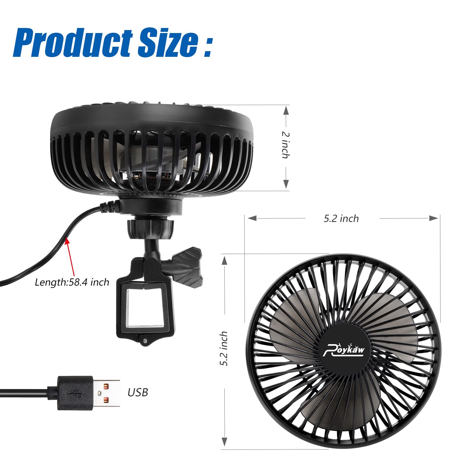 Roykaw Golf Cart Fan Portable USB Input Compatible with EZGO Club Car Yamaha, 3-Speed Settings, 360 Degree Rotation, Long Lasting, Low Noise - View 7 of 7