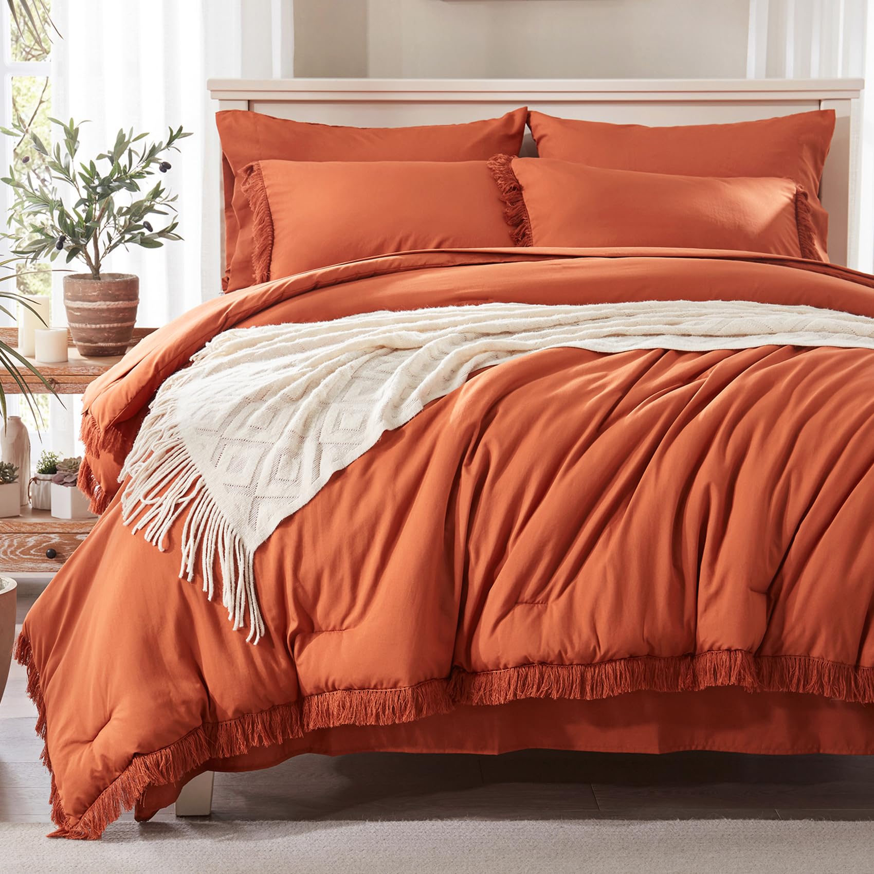 Anluoer Anluoer Queen Comforter Set 7 Piece Burnt Orange Boho Bed in a Bag Lightweight Terracotta Bedding Sets for Stylish Bedroom Decor