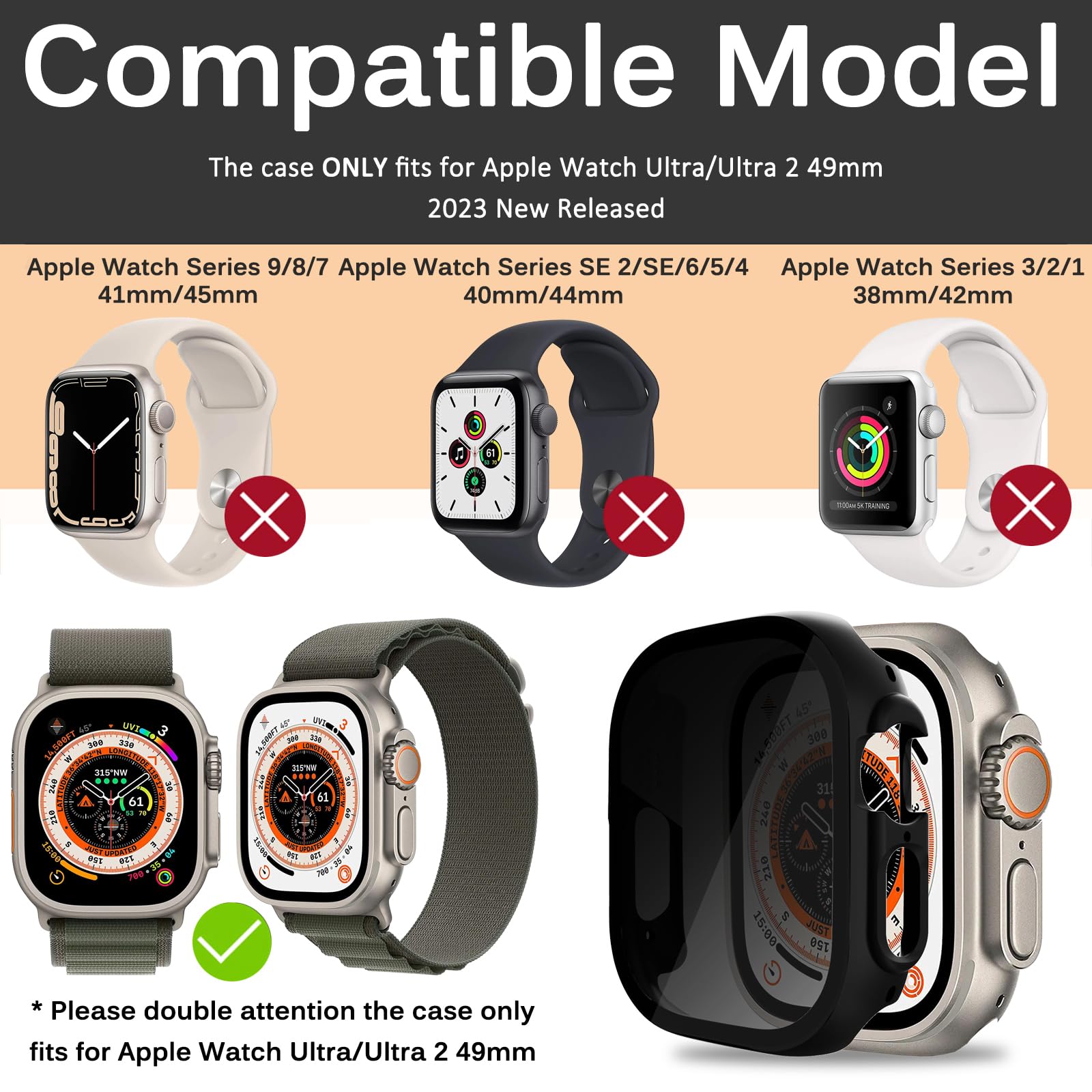 Miimall Apple Watch Ultra 49mm Privacy Screen Case Anti-Scratch Tempered Glass Full Coverage Shockproof Bumper with Built-in Protector - View 2 of 7