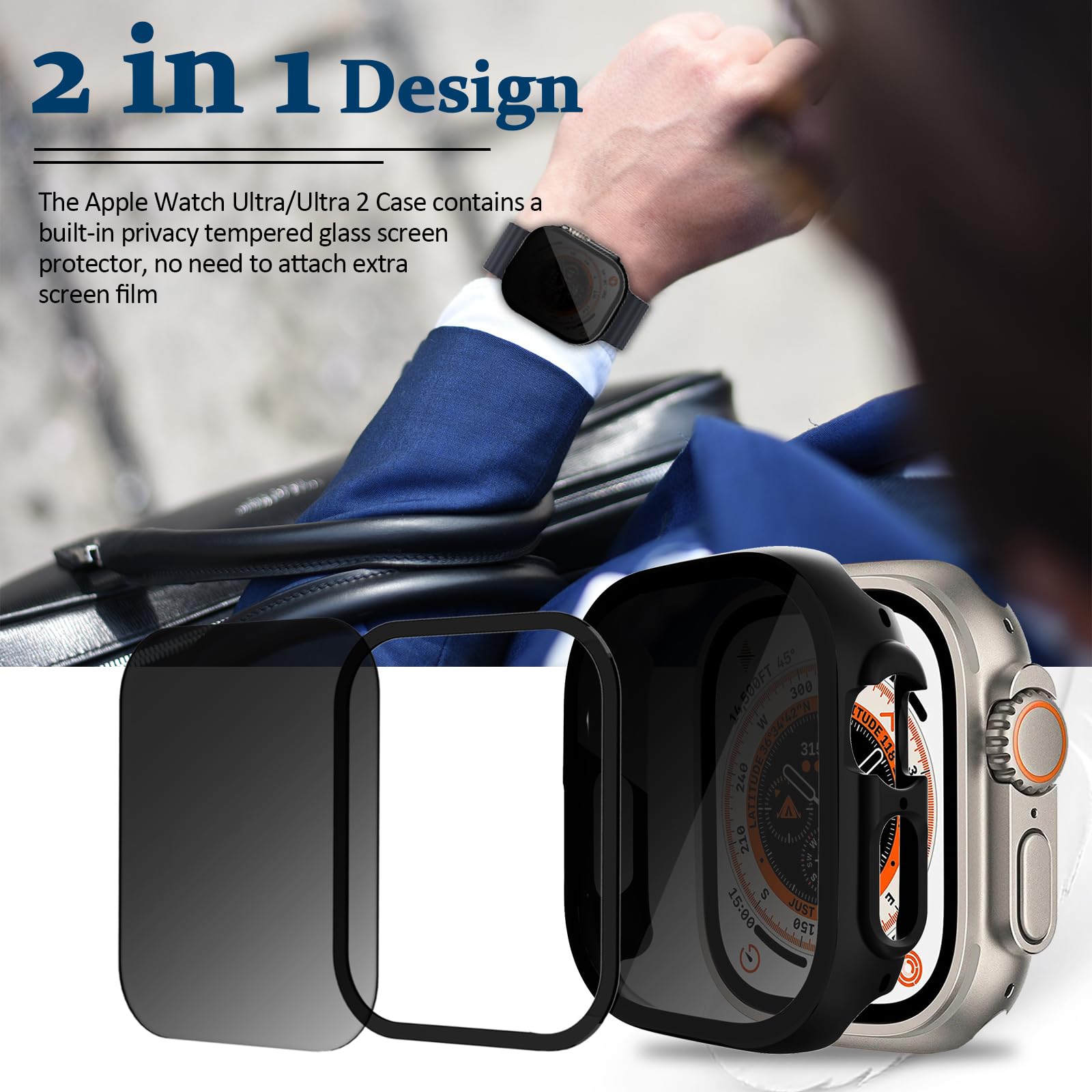 Miimall Apple Watch Ultra 49mm Privacy Screen Case Anti-Scratch Tempered Glass Full Coverage Shockproof Bumper with Built-in Protector - View 3 of 7
