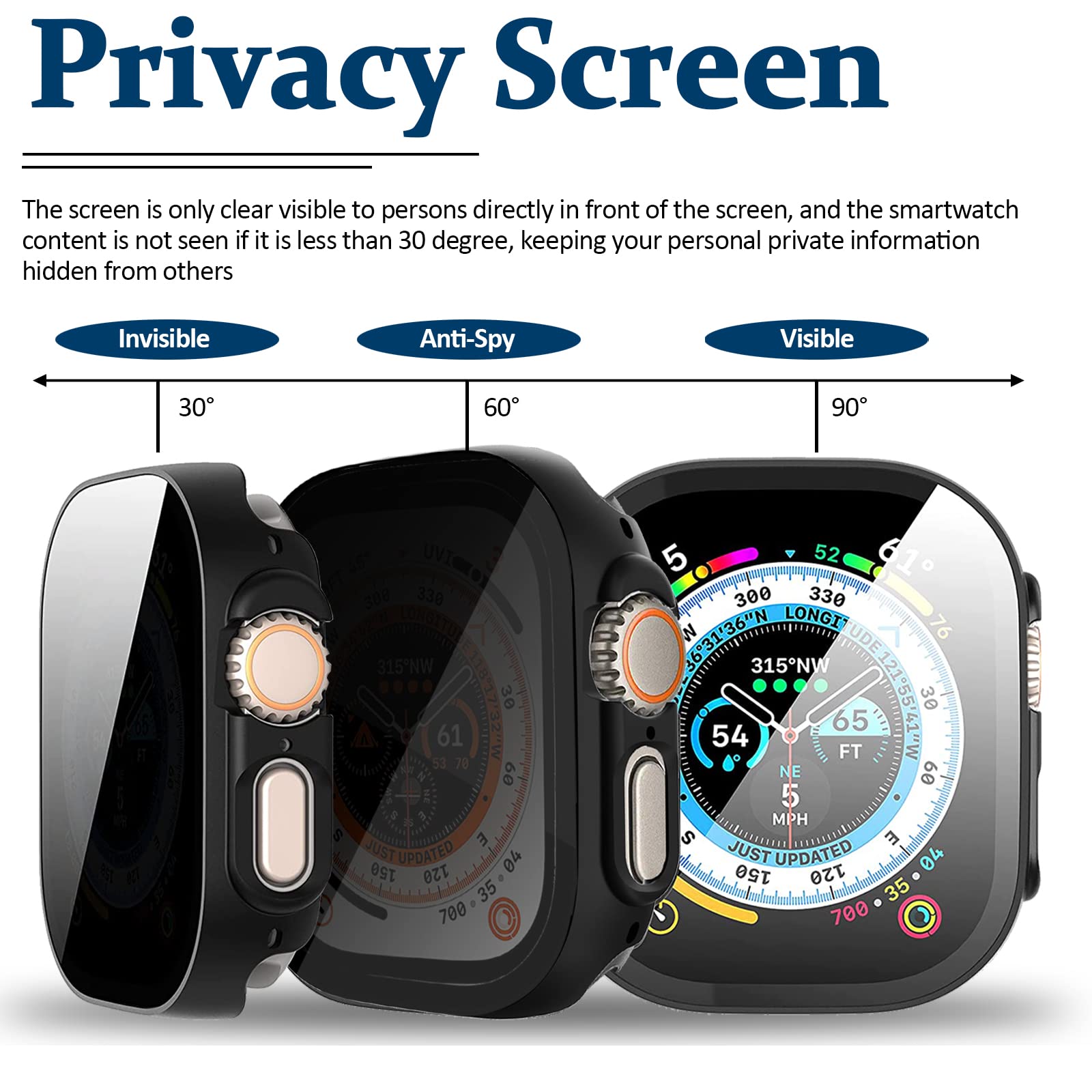 Miimall Apple Watch Ultra 49mm Privacy Screen Case Anti-Scratch Tempered Glass Full Coverage Shockproof Bumper with Built-in Protector - View 4 of 7