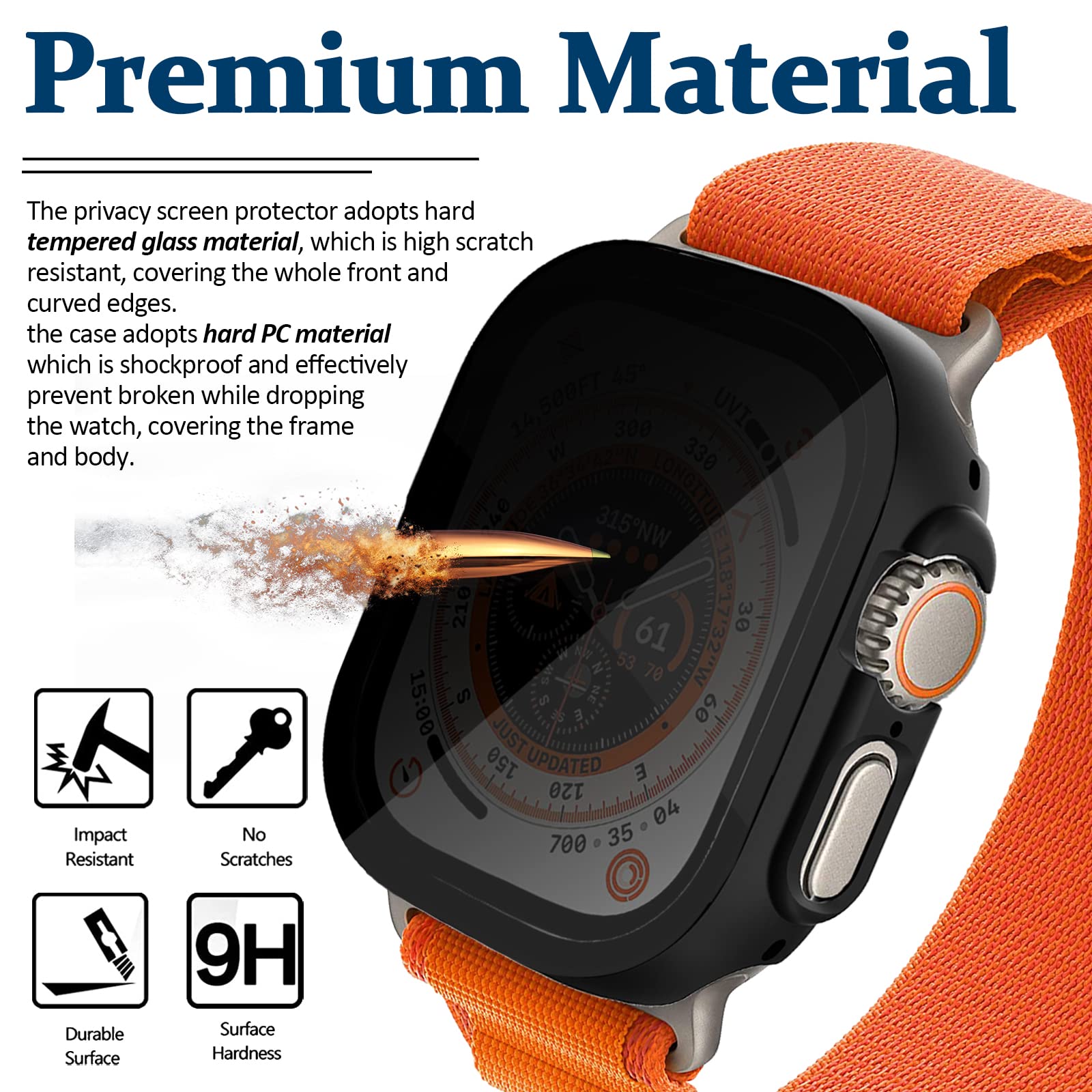 Miimall Apple Watch Ultra 49mm Privacy Screen Case Anti-Scratch Tempered Glass Full Coverage Shockproof Bumper with Built-in Protector - View 5 of 7