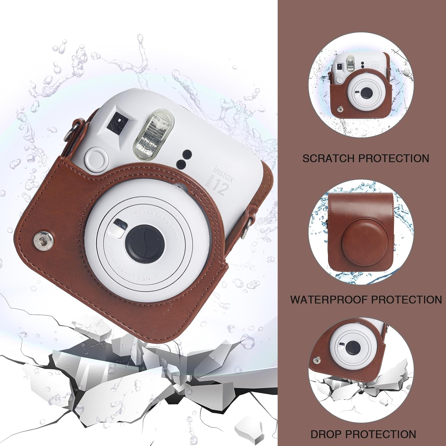 WOGOZAN WOGOZAN Protective Case for Fujifilm Instax Mini 12 Instant Camera Brown with Light-sensitive Holes and Lower Right Lens Fit - View 4 of 9