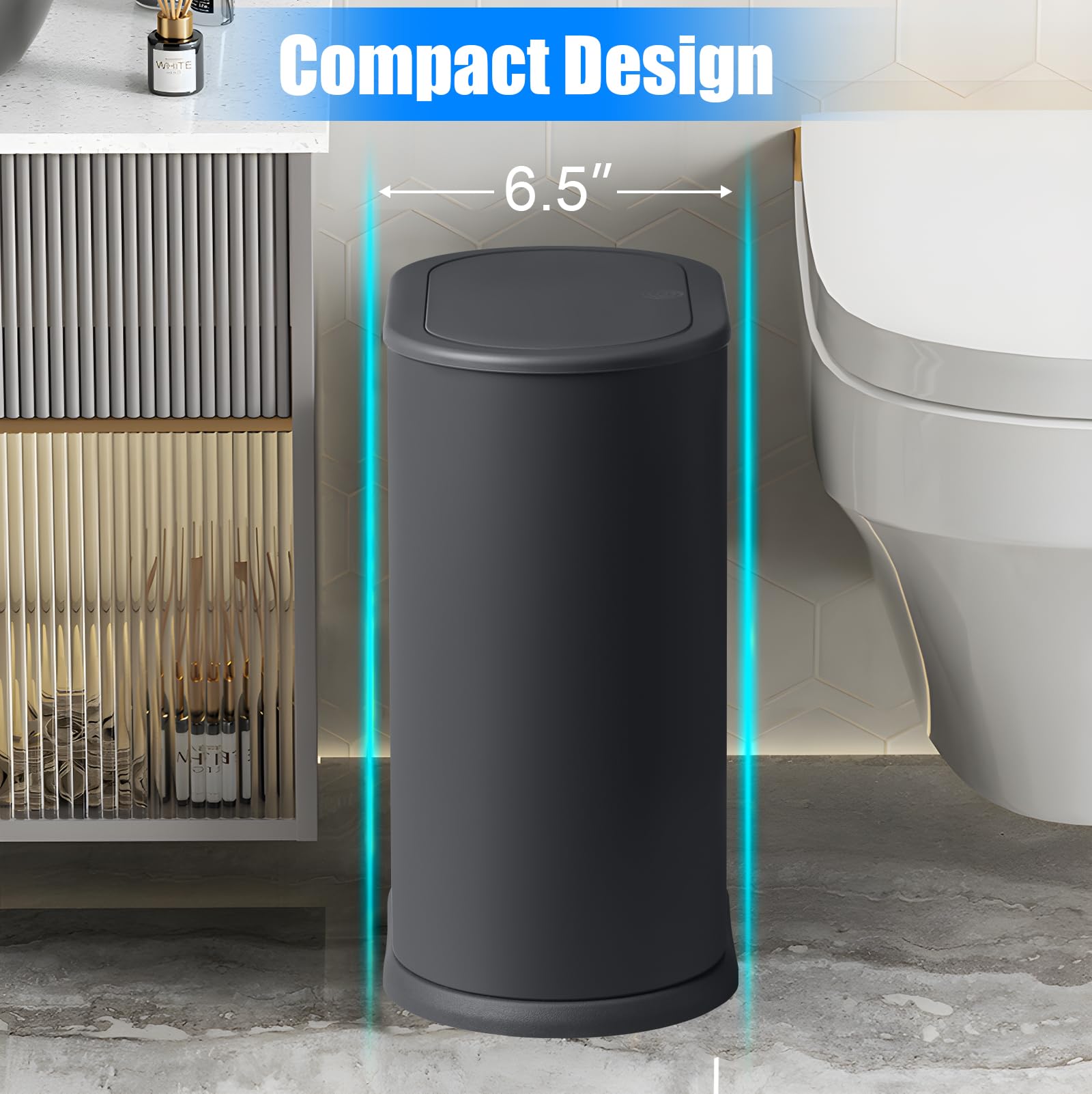 Anzoymx Anzoymx Stainless Steel Bathroom Trash Can 1.8 Gallons Slim Design Dog Proof Wastebasket for Bedroom Living Room Office RV Grey - View 2 of 6