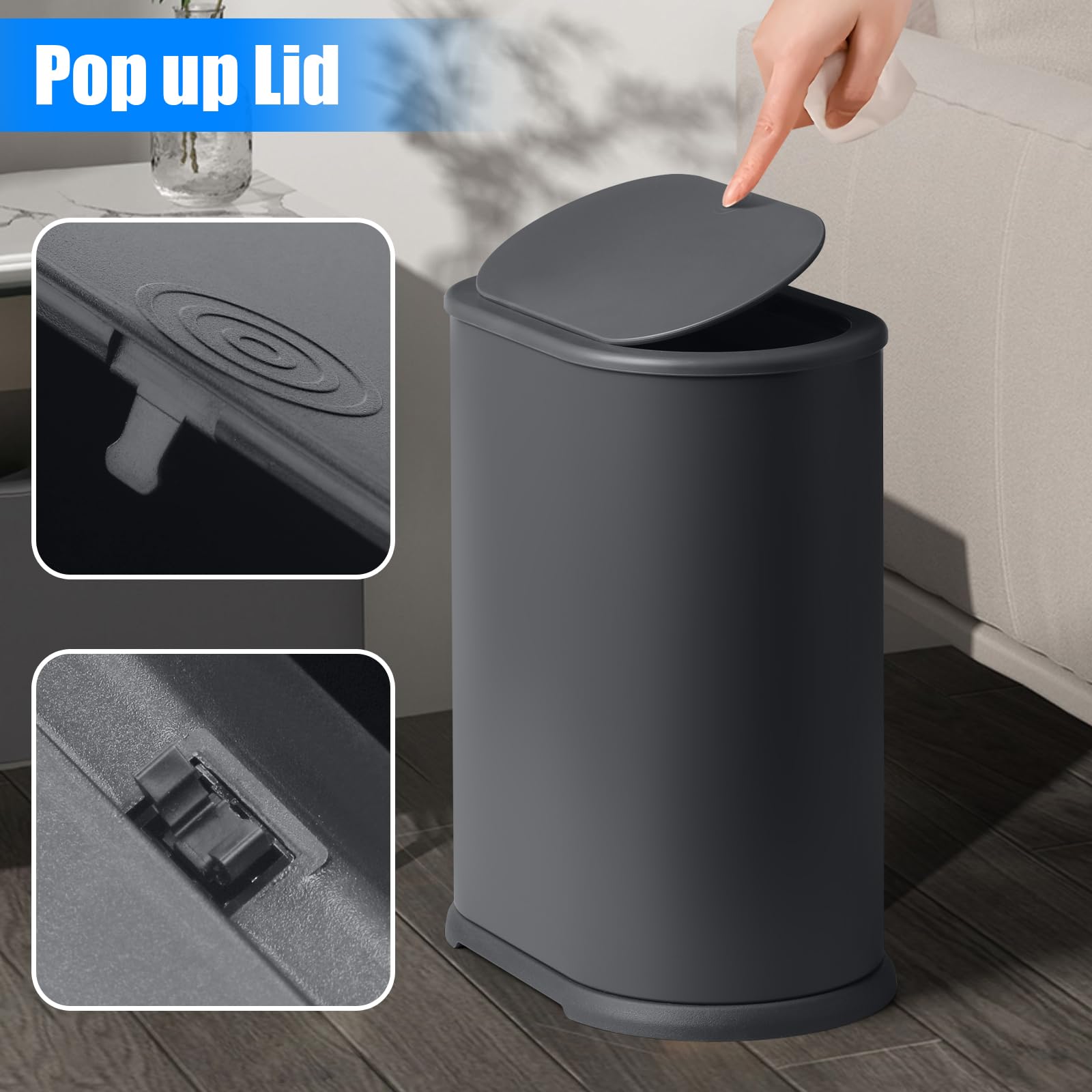 Anzoymx Anzoymx Stainless Steel Bathroom Trash Can 1.8 Gallons Slim Design Dog Proof Wastebasket for Bedroom Living Room Office RV Grey - View 3 of 6