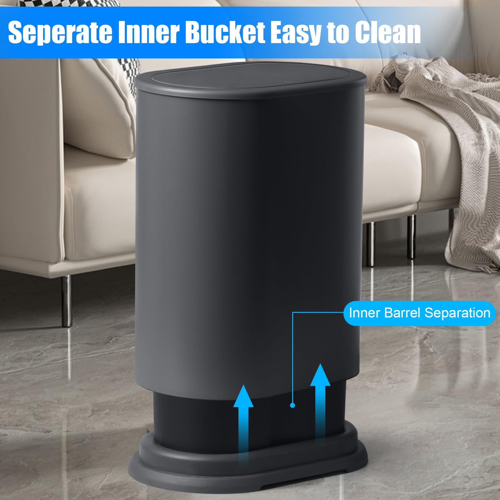 Anzoymx Anzoymx Stainless Steel Bathroom Trash Can 1.8 Gallons Slim Design Dog Proof Wastebasket for Bedroom Living Room Office RV Grey - View 5 of 6