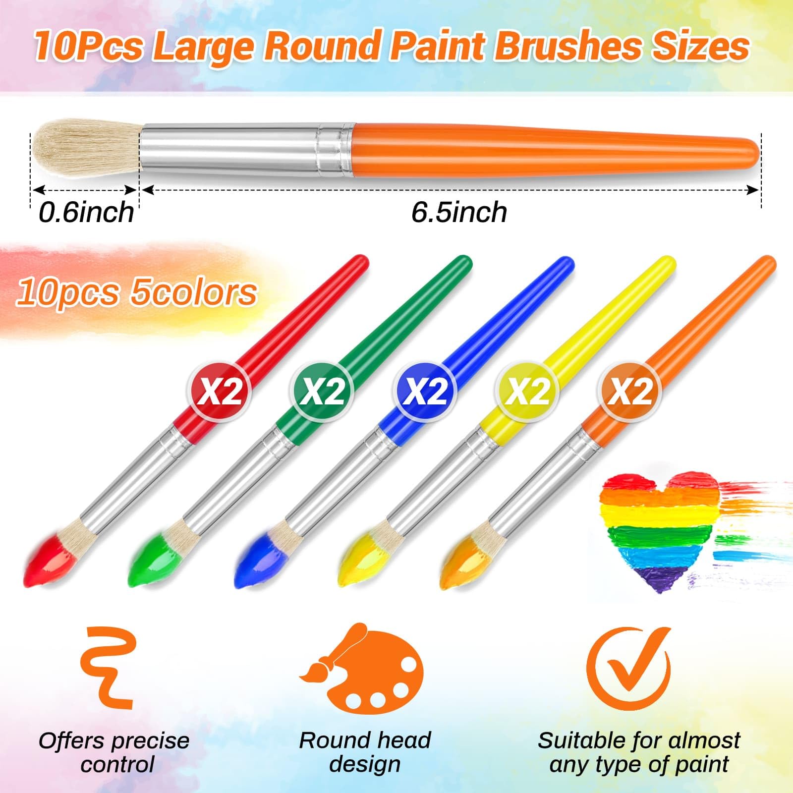 anezus 10Pcs Kids Paint Brushes Set Anezus Large Chubby Toddler Brushes for Preschool Daycare Washable Acrylic Paint - View 3 of 4