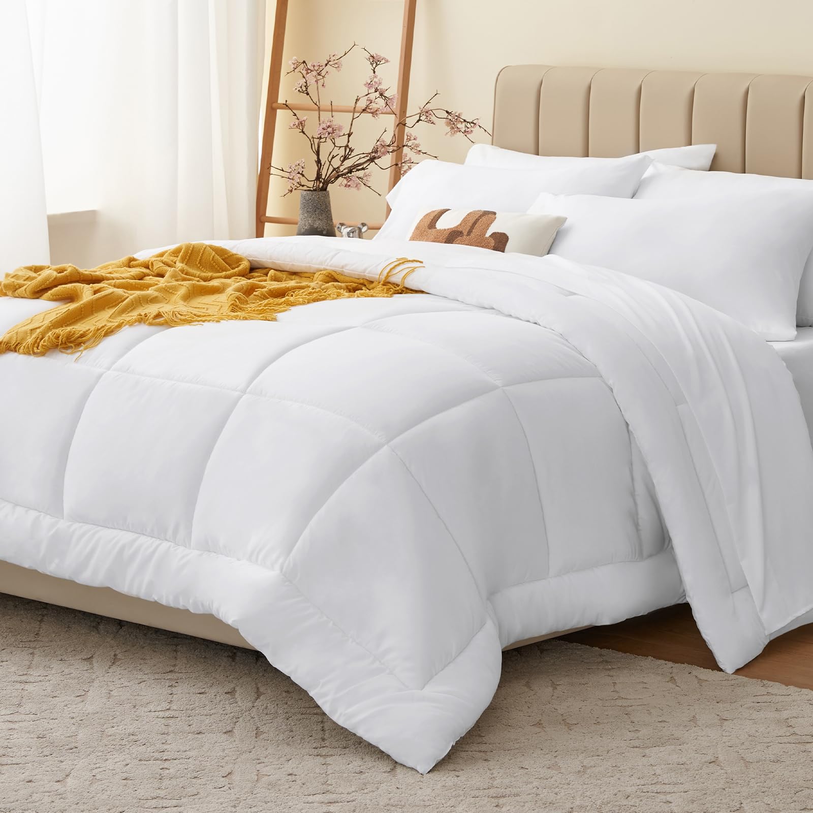 CozyLux CozyLux White Queen Comforter Set 7 Pieces All Season Bedding Bed in a Bag with Quilted Comforter Flat and Fitted Sheets Pillowcases