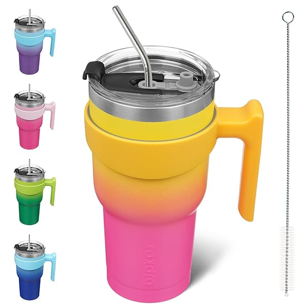 BJPKPK BJPKPK 30 oz Stainless Steel Tumbler with Handle and Straw Lid for Home Office or Car in Pink Yellow Rose