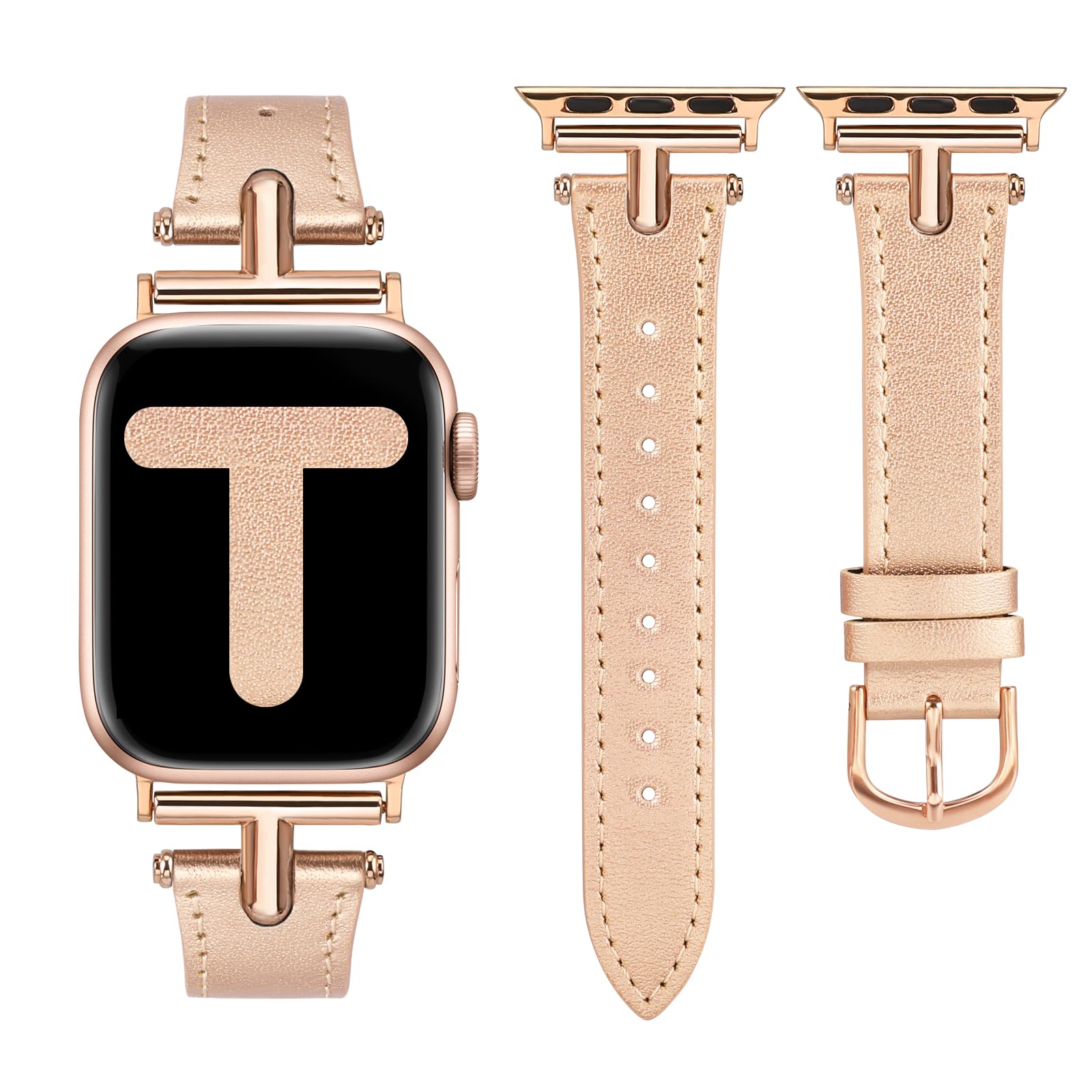 Wearlizer Leather Band Compatible with Apple Watch Band Women 38 40 41 42 44 45 49mm Dressy Fashion Fancy Strap with T-shape Metal Buckle for iWatch