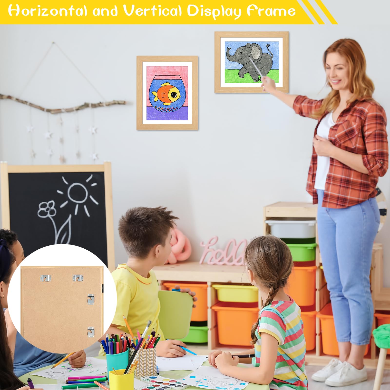 JDZIVTOP Kids Artwork Frame 2 Pack Natural Woodgrain 10x12.5 Changeable Front Opening 8.5x11 Storage for Crafts Drawings Schoolwork - View 3 of 6