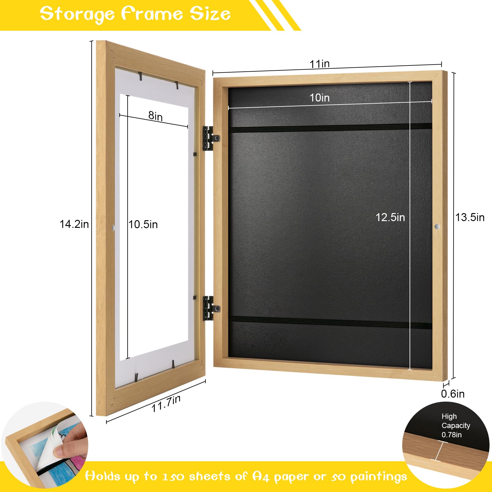 JDZIVTOP Kids Artwork Frame 2 Pack Natural Woodgrain 10x12.5 Changeable Front Opening 8.5x11 Storage for Crafts Drawings Schoolwork - View 4 of 6