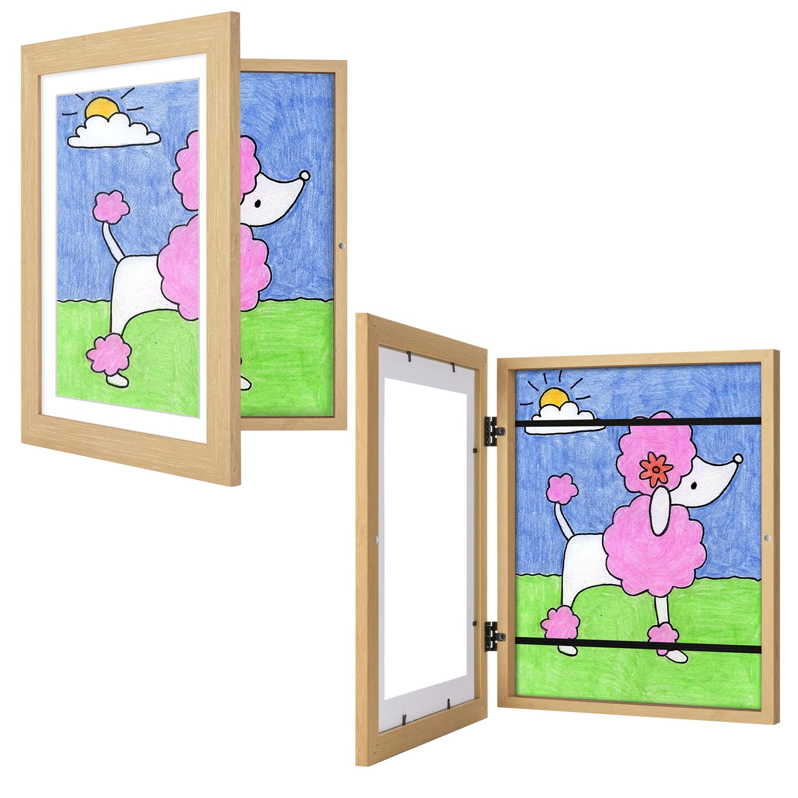 JDZIVTOP Kids Artwork Frame 2 Pack Natural Woodgrain 10x12.5 Changeable Front Opening 8.5x11 Storage for Crafts Drawings Schoolwork