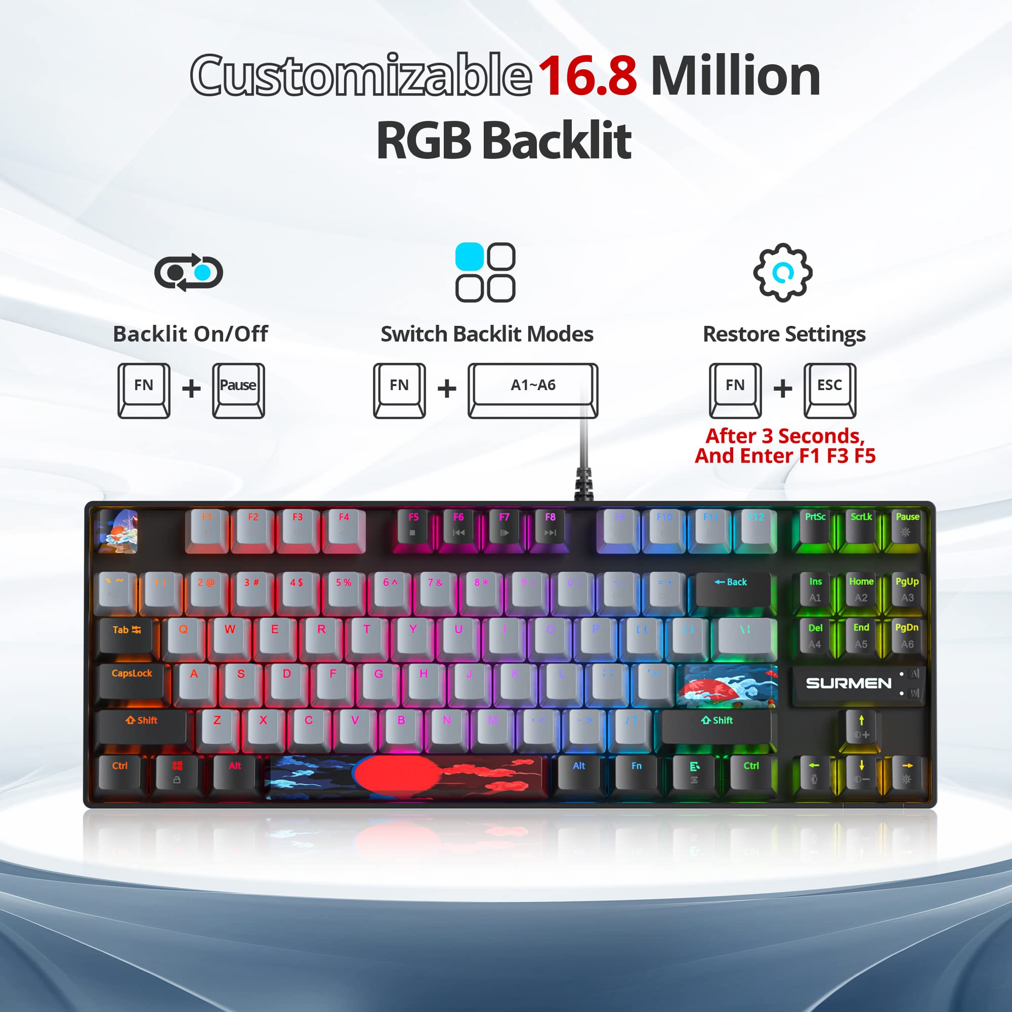 Owpkeenthy 75% Mechanical Gaming Keyboard with Red Switch, RGB Backlit Keyboard, 87 Keys Compact TKL Wired Computer Keyboards for Laptop PC Gamer - View 2 of 8
