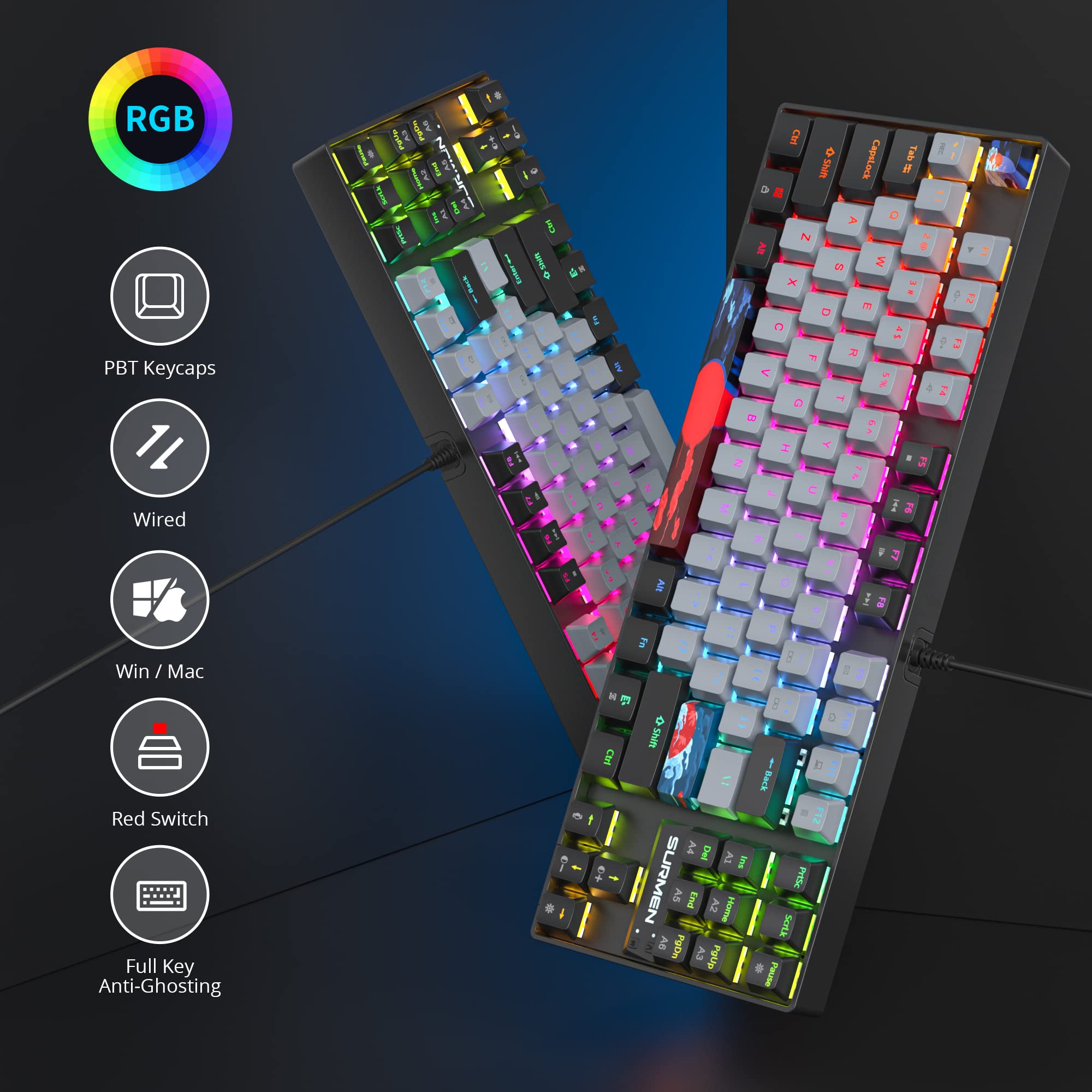 Owpkeenthy 75% Mechanical Gaming Keyboard with Red Switch, RGB Backlit Keyboard, 87 Keys Compact TKL Wired Computer Keyboards for Laptop PC Gamer - View 3 of 8