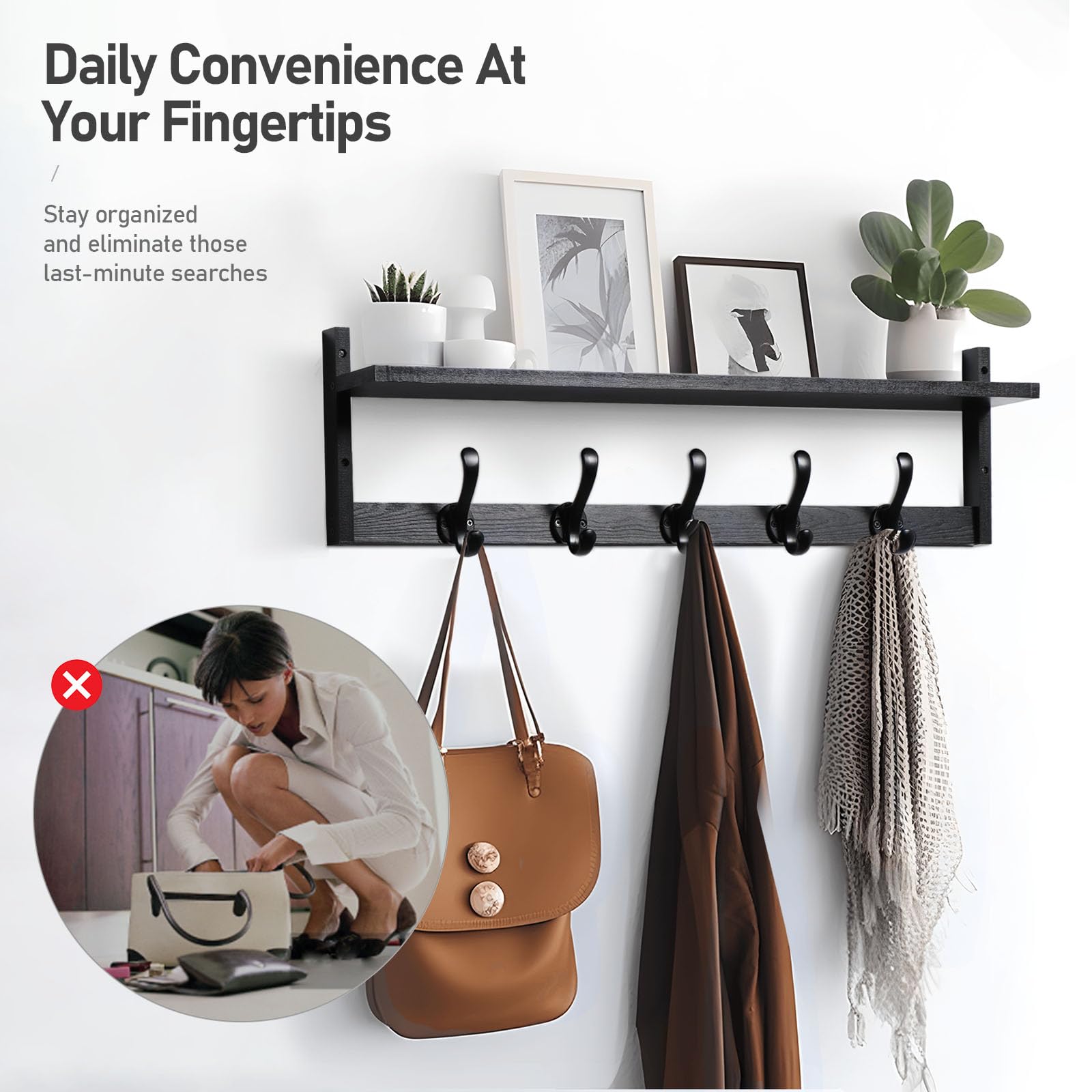 Tatub Tatub 29 Inch Coat Rack Wall Mount with Shelf and Hooks for Entryway Bathroom Living Room Bedroom Black - View 3 of 8