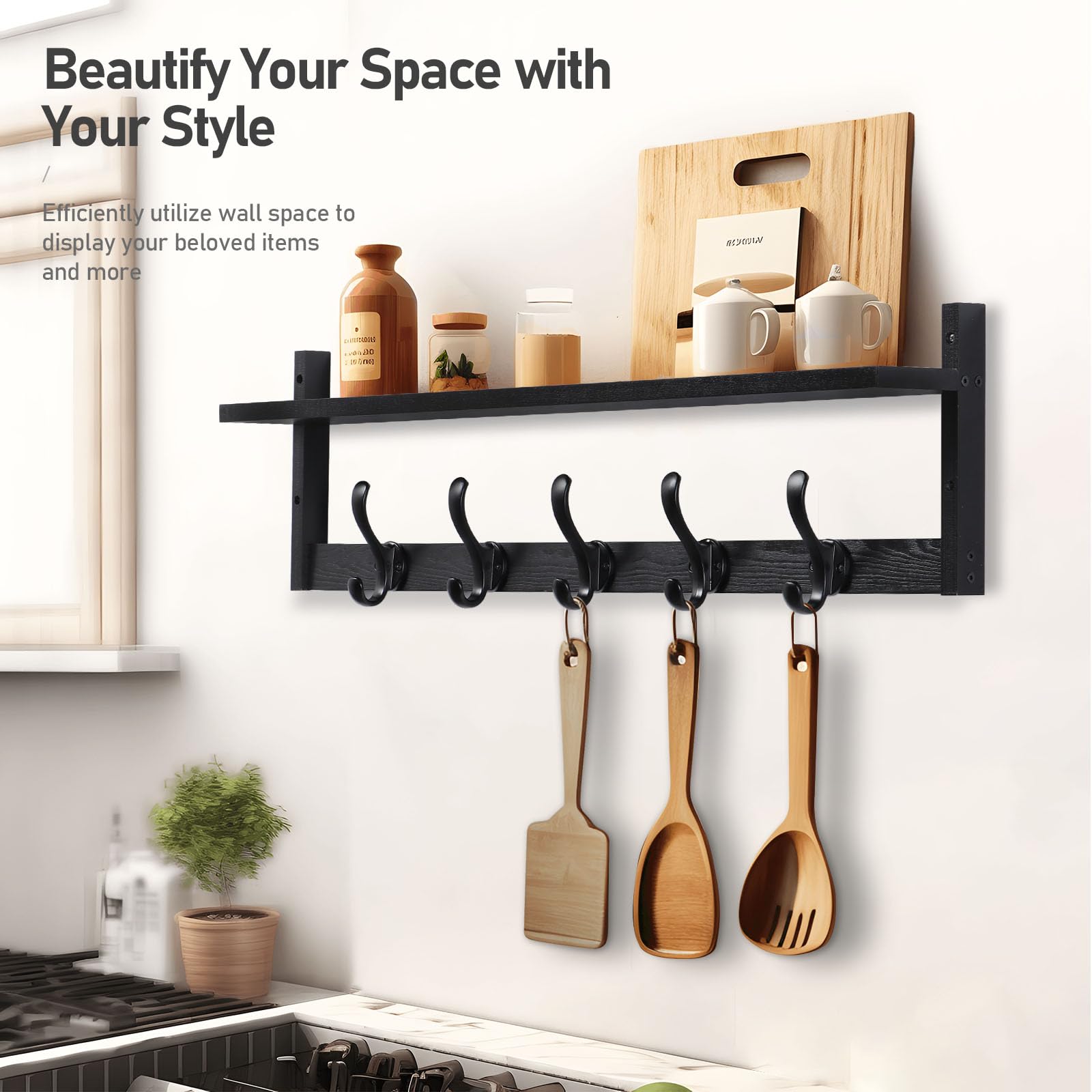Tatub Tatub 29 Inch Coat Rack Wall Mount with Shelf and Hooks for Entryway Bathroom Living Room Bedroom Black - View 4 of 8