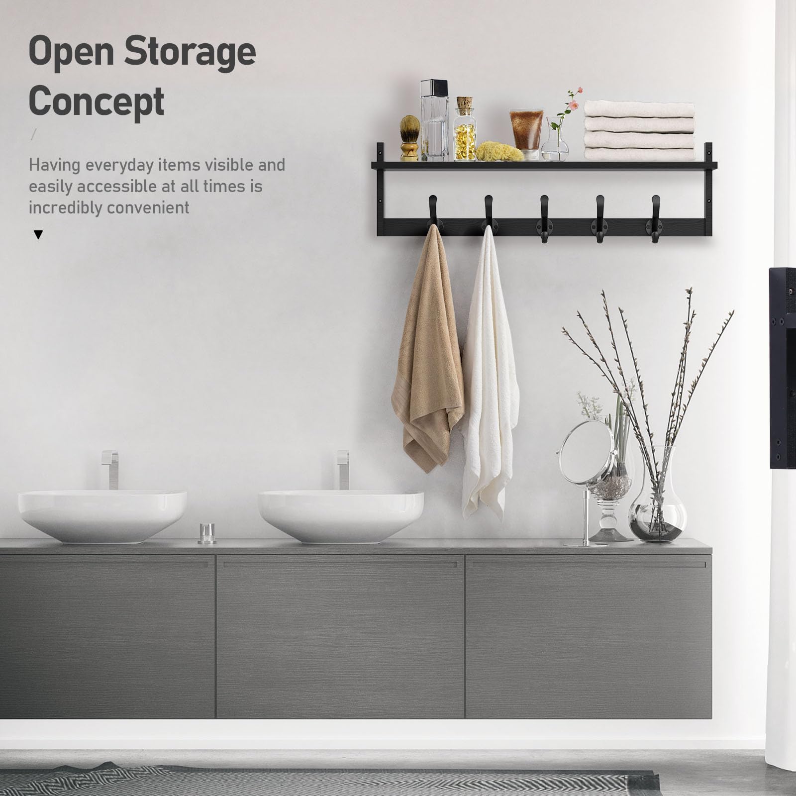 Tatub Tatub 29 Inch Coat Rack Wall Mount with Shelf and Hooks for Entryway Bathroom Living Room Bedroom Black - View 5 of 8