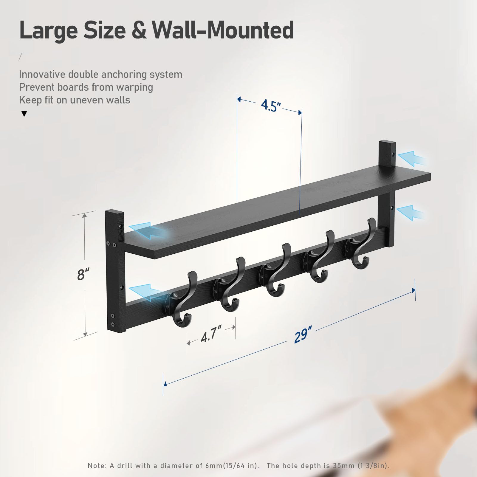 Tatub Tatub 29 Inch Coat Rack Wall Mount with Shelf and Hooks for Entryway Bathroom Living Room Bedroom Black - View 7 of 8