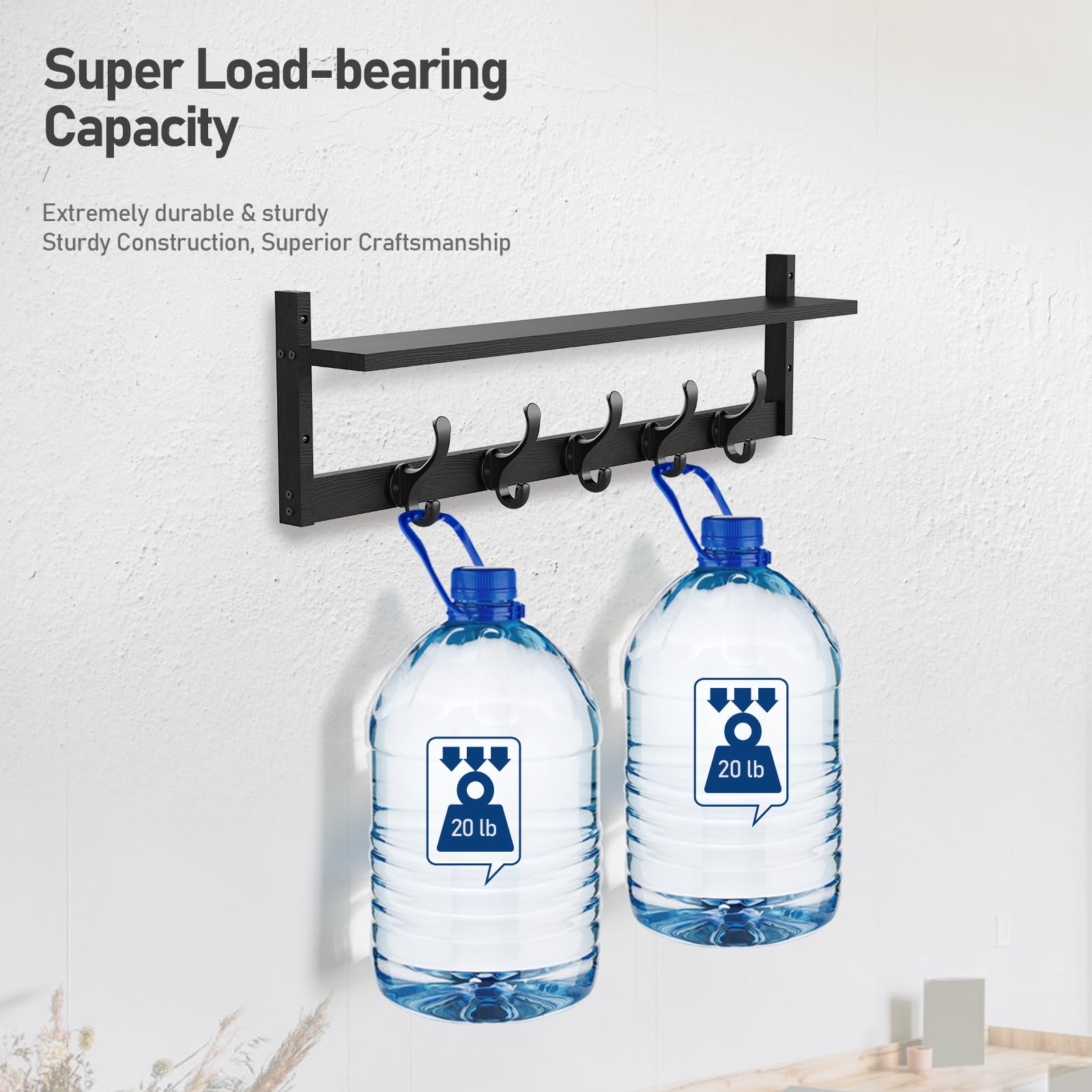 Tatub Tatub 29 Inch Coat Rack Wall Mount with Shelf and Hooks for Entryway Bathroom Living Room Bedroom Black - View 8 of 8