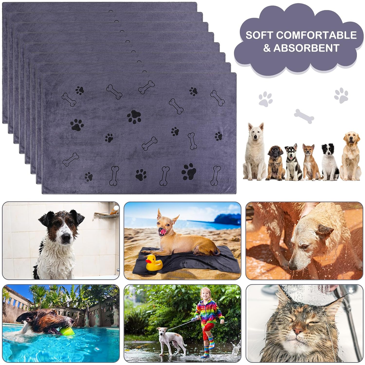 Chumia Chumia 8 Pcs Microfiber Pet Towels for Dogs and Cats Quick Drying Absorbent Bathing Supplies Gray 55 x 28 Inch - View 3 of 6