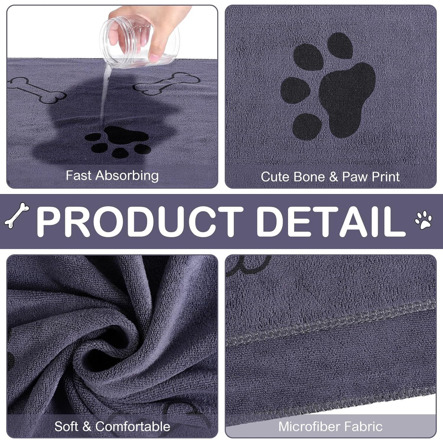 Chumia Chumia 8 Pcs Microfiber Pet Towels for Dogs and Cats Quick Drying Absorbent Bathing Supplies Gray 55 x 28 Inch - View 5 of 6