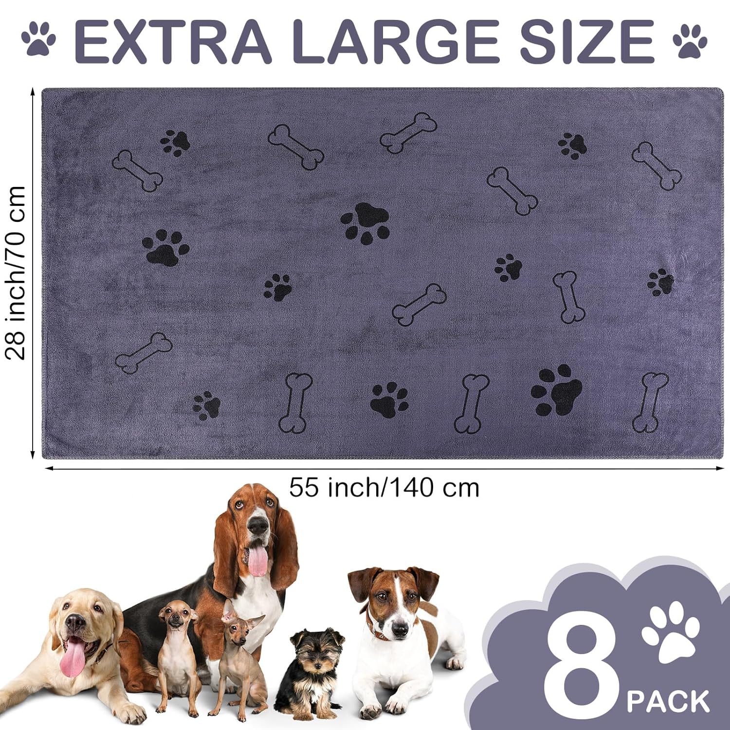Chumia Chumia 8 Pcs Microfiber Pet Towels for Dogs and Cats Quick Drying Absorbent Bathing Supplies Gray 55 x 28 Inch - View 6 of 6