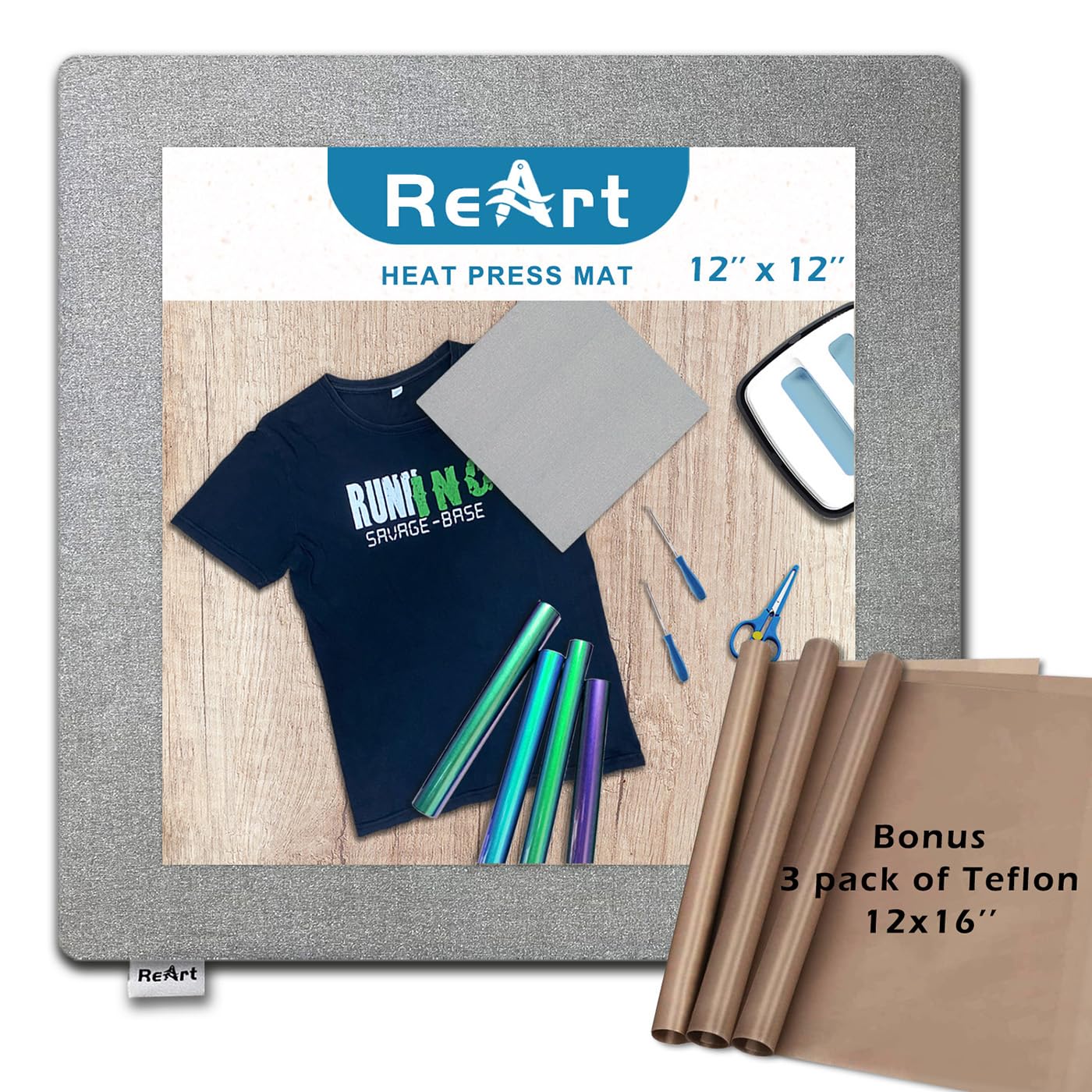 ReArt Easy Heat Press Mat 12x12 with Teflon Sheets 12x16 Inch 3 Pack for Effortless Ironing and Crafting
