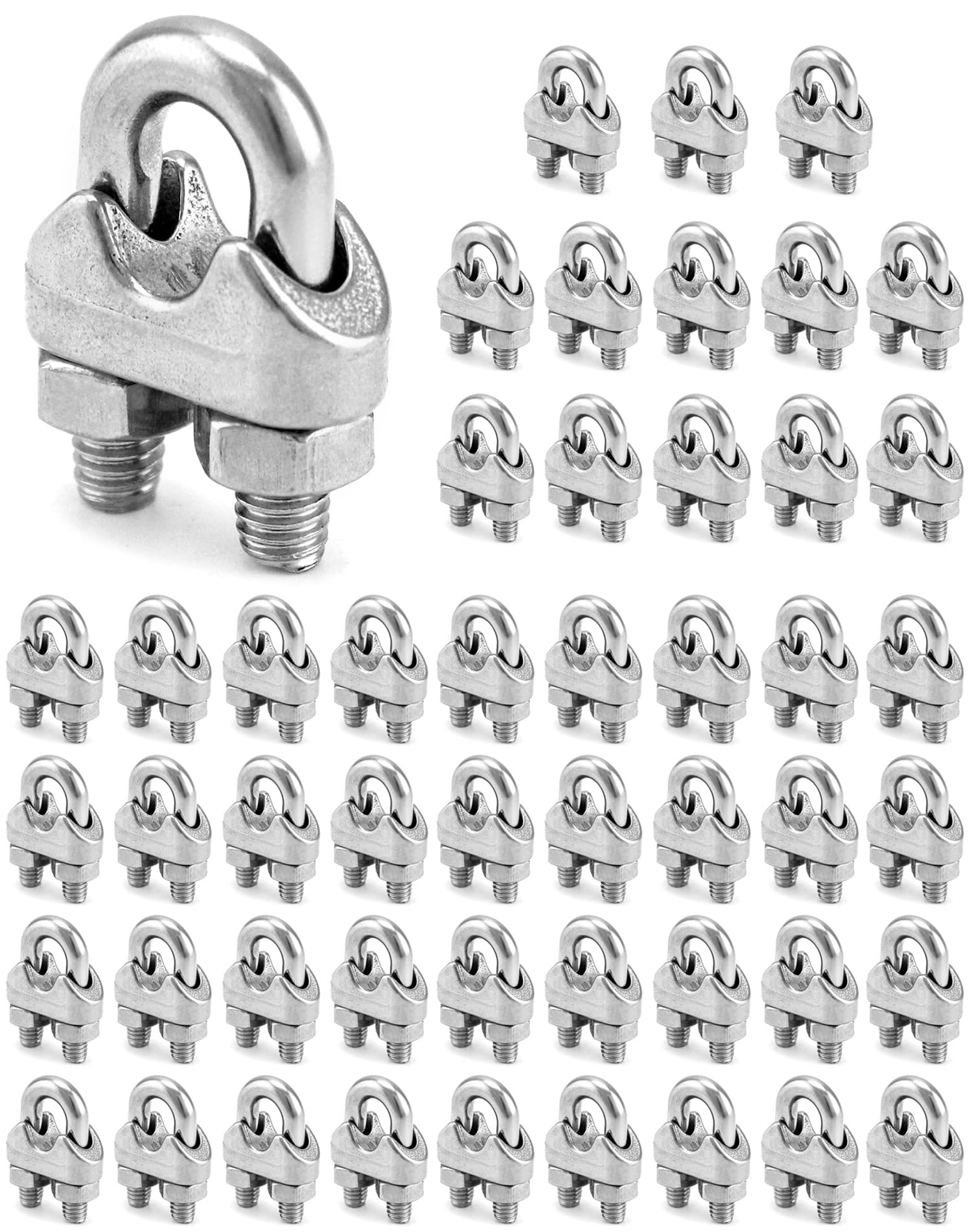 QWORK 1 4" Wire Rope Clamp Clip M6, 50 Pack Large U Bolt Saddle Guy Fastener, 304 Stainless Steel Fastener Cable Clamps, Connect 2 Layers of Wire to