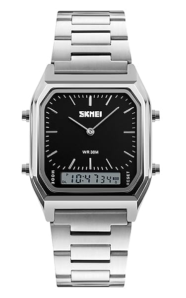 Gosasa Dual Display Multifunction Stopwatch Wristwatch for Men and Women Stainless Steel Sports Watch Silver Black