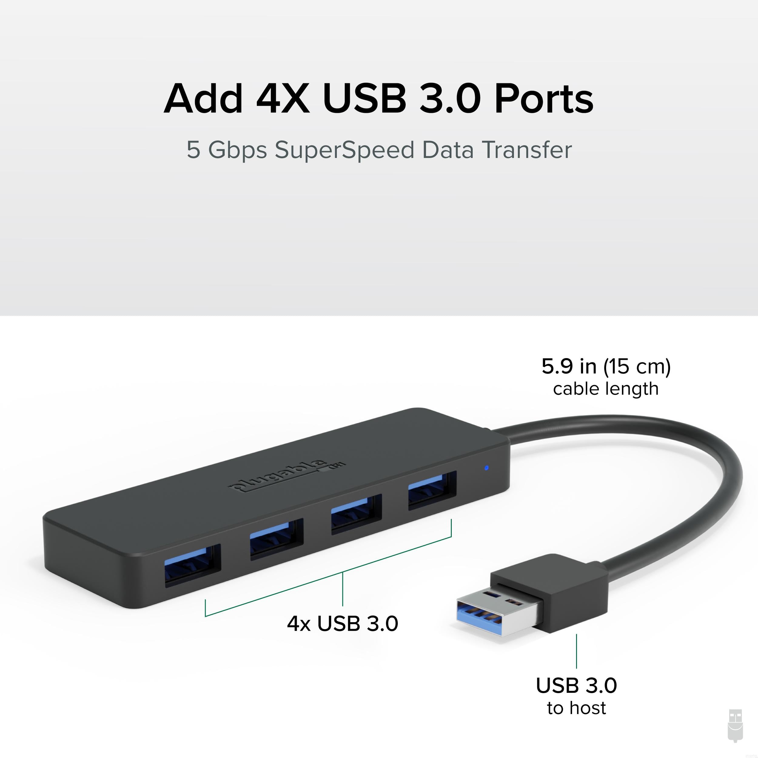 Plugable Plugable 4 Port USB Hub 3.0 USB Splitter for Laptop Compatible with Windows Surface Pro PC Chromebook Linux Android - View 2 of 6