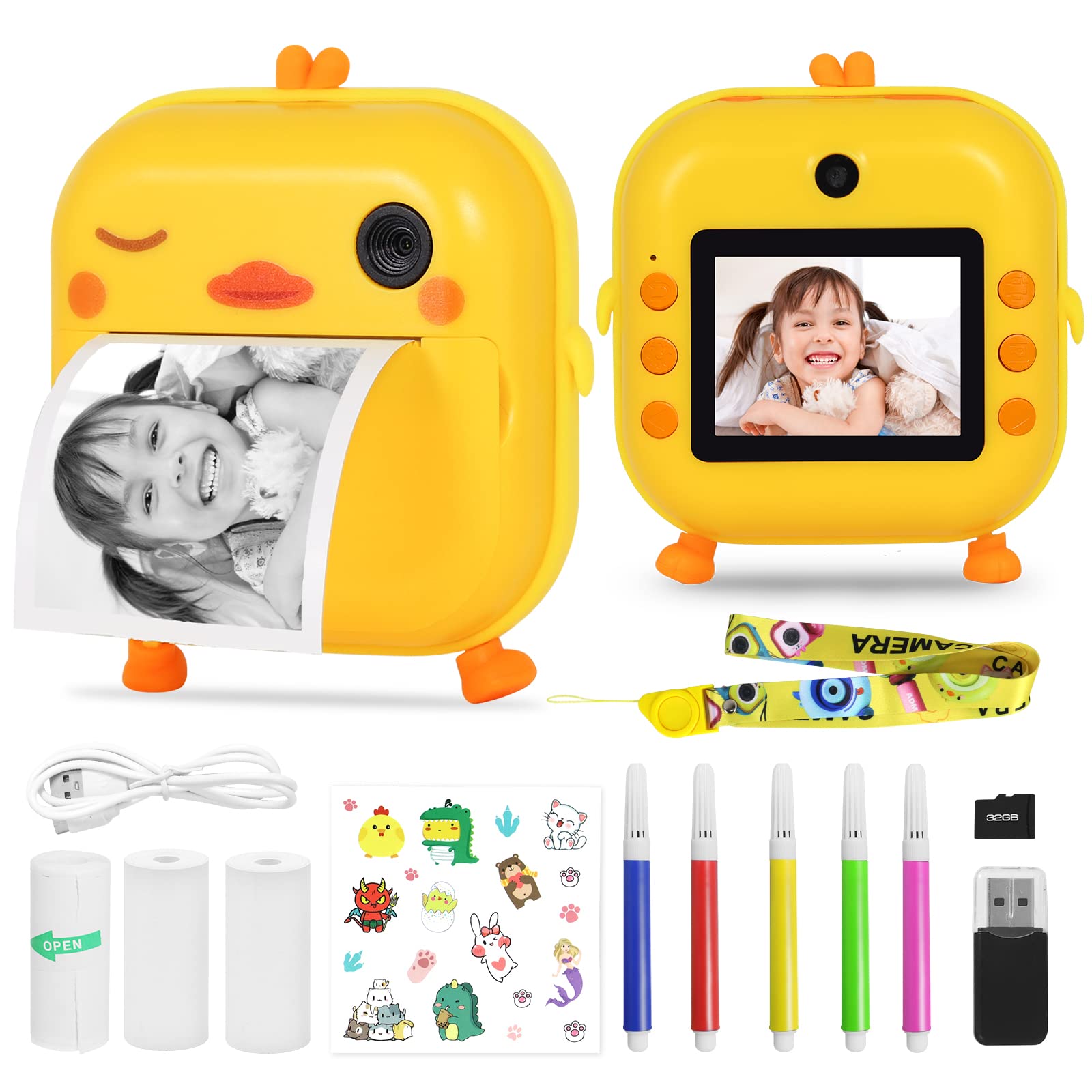AURTEC Instant Camera for Kids - Mini Thermal Printing, No Ink Required, 48MP Dual, 1080P HD Video, 32G TF Card, 3 Print Paper, 2.4 Inch Color