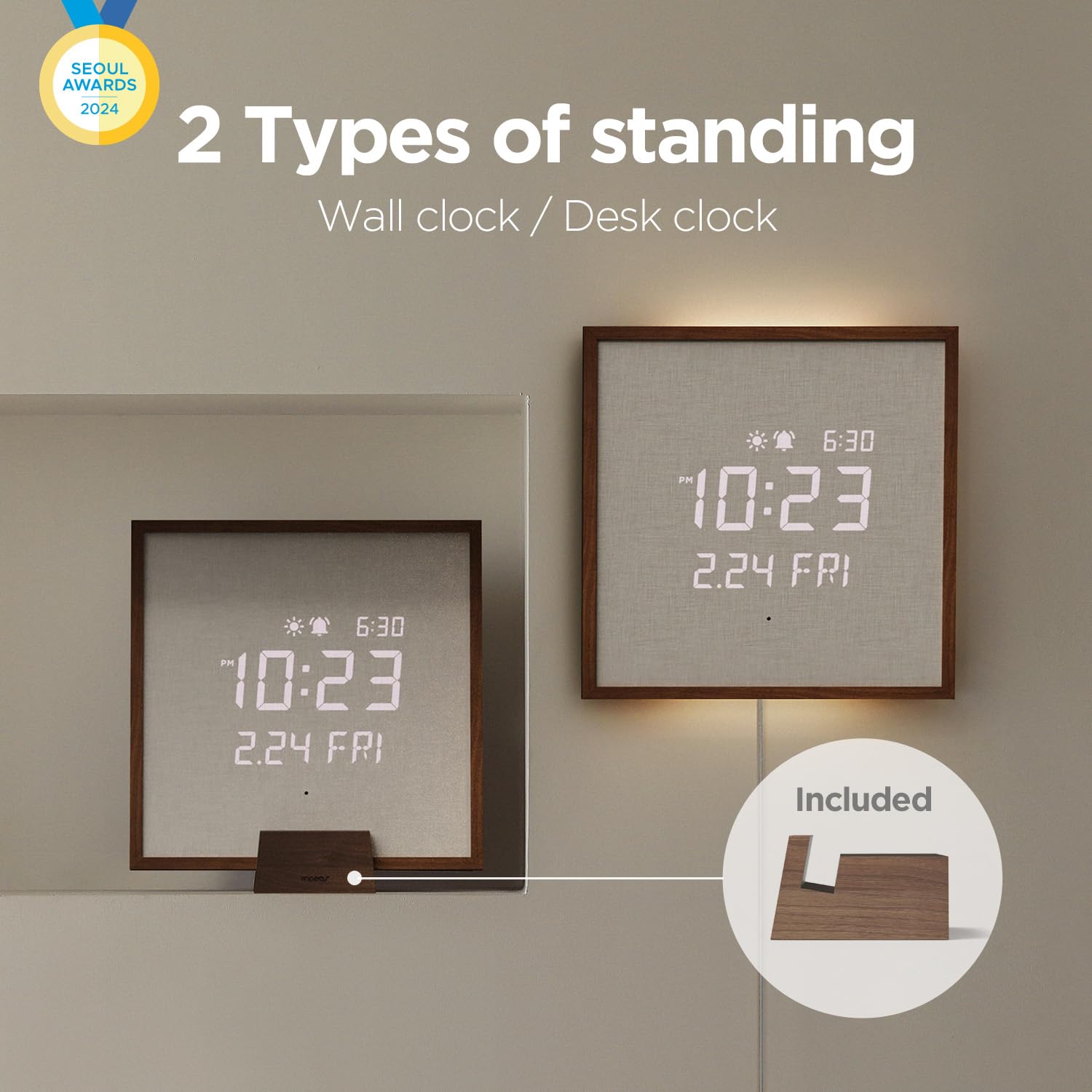 mooas Mooas Wooden Frame LED Silent Wall Clock with Remote Backlit Nightlight Modern Digital Display Sunrise Alarm Melody for Bedroom Living Room - View 2 of 9