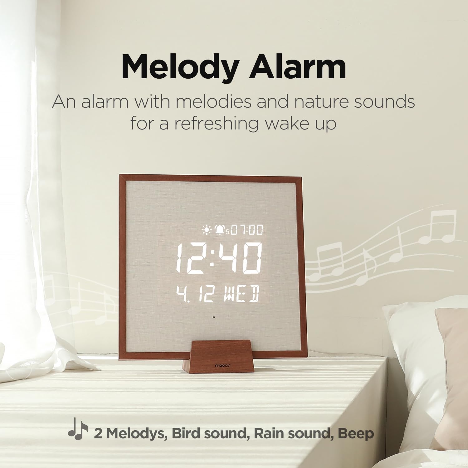mooas Mooas Wooden Frame LED Silent Wall Clock with Remote Backlit Nightlight Modern Digital Display Sunrise Alarm Melody for Bedroom Living Room - View 5 of 9