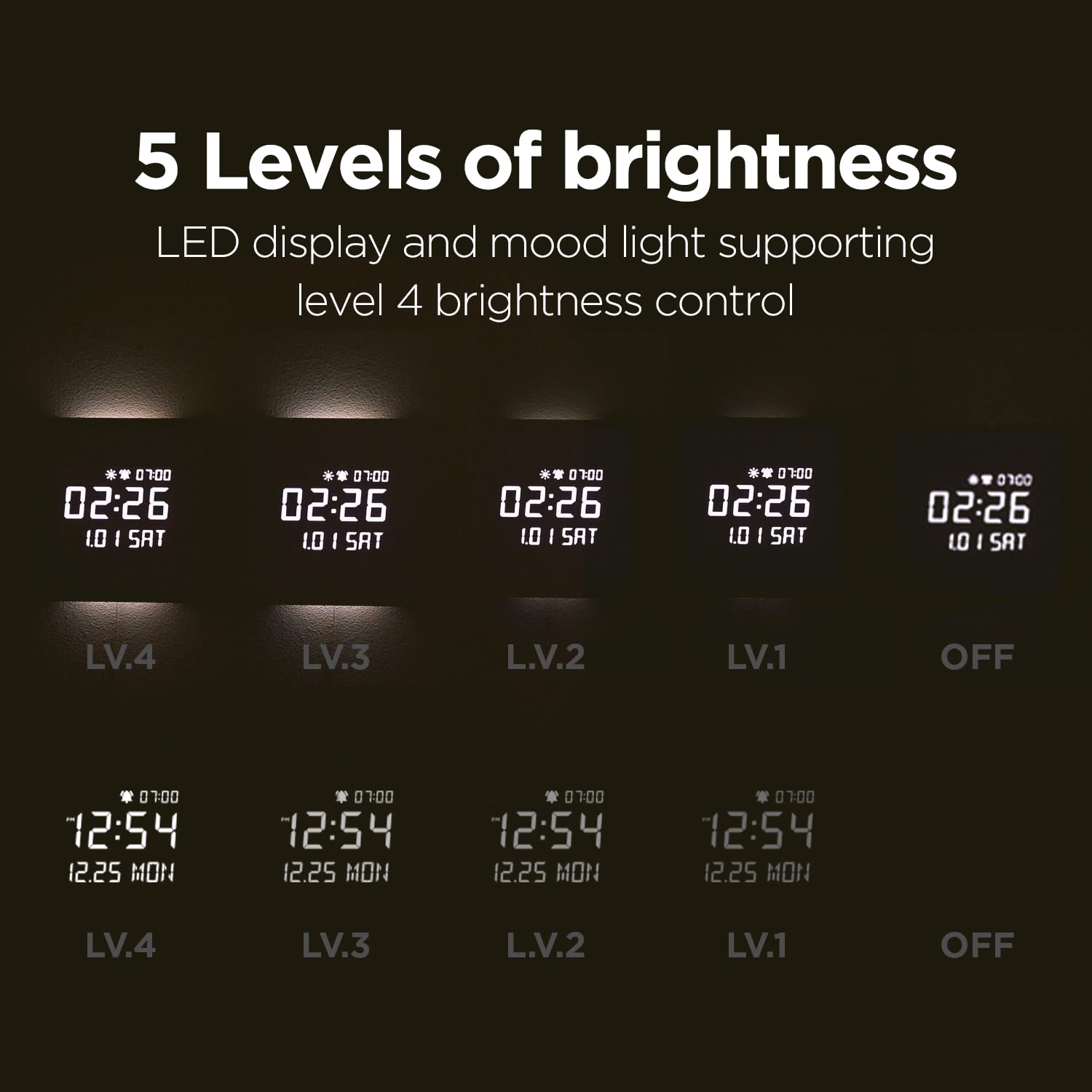 mooas Mooas Wooden Frame LED Silent Wall Clock with Remote Backlit Nightlight Modern Digital Display Sunrise Alarm Melody for Bedroom Living Room - View 6 of 9