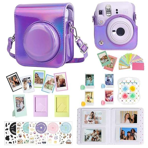 CAIYOULE CAIYOULE Fujifilm Instax Mini 12 Accessories Bundle: Shiny Purple Case, Album, Frames & Stickers